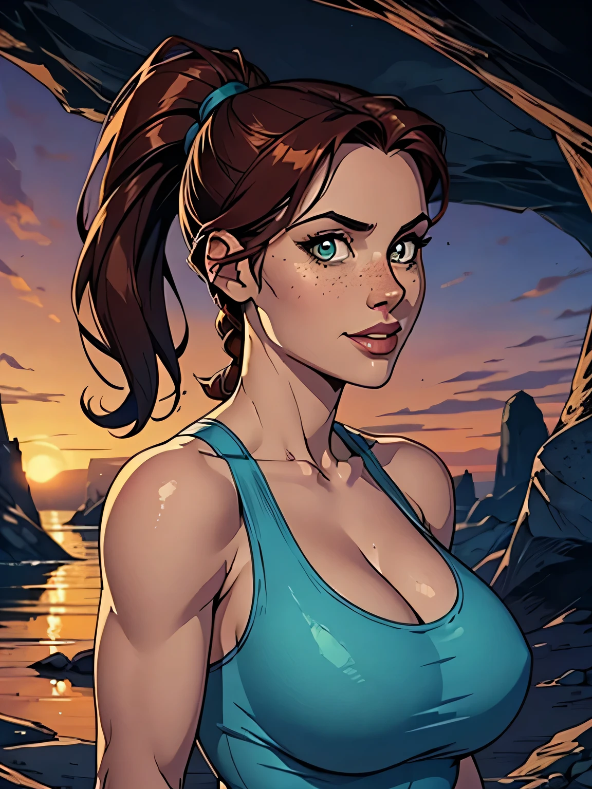 Melhor qualidade, obra de arte, (realista: 1.2) Close of a thin and athletic woman (Lara Croft), 25 anos, 16k (( high definition )), sorriso lindo, olhar sedutor ((looking at the viewer)), olhos castanhos, wearing tight teal blue tank top ((decotes em V, sem mangas )), cintura fina, usa um cinto marrom, arms on the sides of her body, pele morena, cabelo castanho (( with braided ponytail )), She's alone in a cave (( upper body, From head to waist  ,  side view 1 .4)), with freckles on her neck and , (( large, round  1.4)), (( Well defined collarbone)). estilo cartoon ((QG)), cave and sunset in the background.