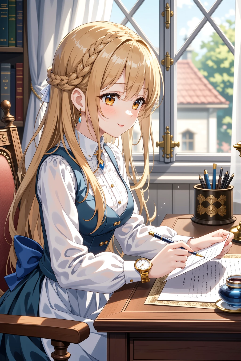 Close-up of an 18-year-old noble daughter joyfully receiving a golden wristwatch from her father
focus on daughter's delighted face, large round golden eyes, straight long golden hair, smooth fair skin, subtle smile
daughter holds the golden wristwatch with both hands, front visible
realistic anime style
BREAK
watch detail: small, delicate women's wristwatch, round dial, gold bezel, thin gold strap, elegant and refined, not overly ornate
father's hand reaching in to give the watch, soft lighting highlighting metal and hand details
BREAK
warm indoor light, soft bokeh background, subtle hints of luxurious medieval-style room, wooden furniture, tapestries
ethereal realism, high detail facial expressions and hands, watch gleaming subtly
BREAK
quality enhancement: ultra-detailed, ultra-realistic textures, cinematic lighting, sharp focus on face, watch, and hands, realistic reflections, intricate fabric folds, high resolution, photorealistic skin and hair
BREAK
negative prompt: deformed , extra limbs, low detail, messy background, harsh shadows, unnatural proportions, blurred faces, modern elements