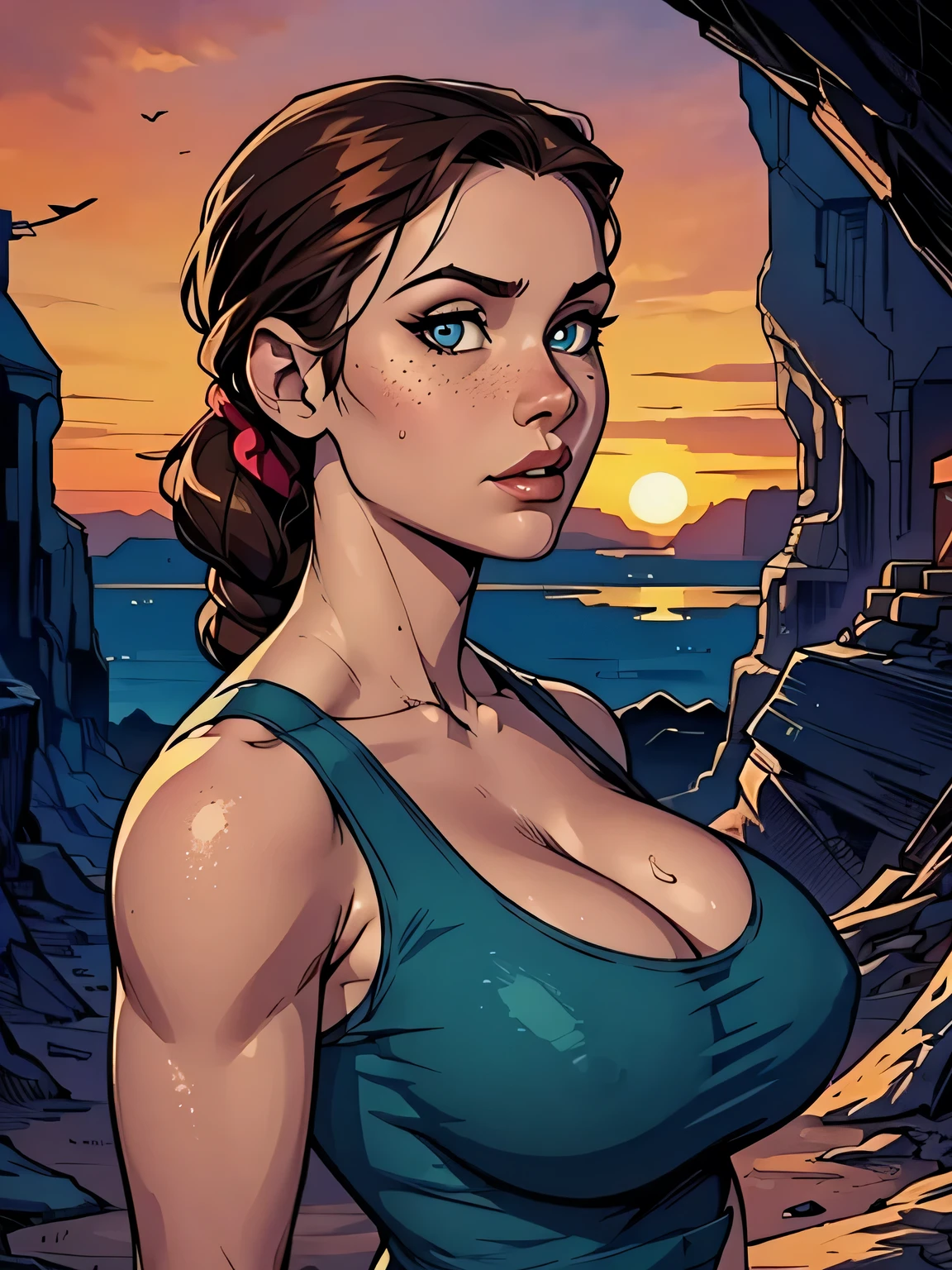 Melhor qualidade, obra de arte, (realista: 1.2) Close of a thin and athletic woman (Lara Croft), 25 anos, 16k (( high definition )), semblante pensativo, olhar sedutor ((looking at the viewer)), olhos castanhos, wearing tight teal blue tank top ((decotes em V, sem mangas )), cintura fina, usa um cinto marrom, arms on the sides of her body, pele morena, cabelo castanho (( with braided ponytail )), She's alone in a cave (( upper body, From head to waist,  side view 1 .4)), with freckles on her neck and , (( large round sweaty  1.4)), (( Well defined collarbone)). estilo cartoon ((QG)), cave and sunset in the background.