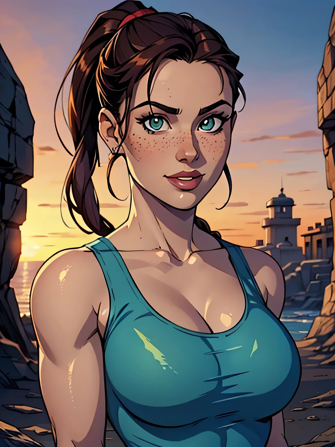 Melhor qualidade, obra de arte, (realista: 1.2) Close of a thin and athletic woman (Lara Croft), 25 anos, 16k (( high definition )), sorriso suspirante, olhar sedutor ((looking at the viewer)), olhos castanhos, wearing tight teal blue tank top ((decotes em V, sem mangas )), cintura fina, usa um cinto marrom, arms on the sides of her body, pele morena, cabelo castanho (( with braided ponytail )), She's alone in a cave (( upper body, From head to waist , vista lateral 1.4)), with freckles on her neck and , (( large, round 1.4)), (( Well defined collarbone)). estilo cartoon ((QG)), cave and sunset in the background.