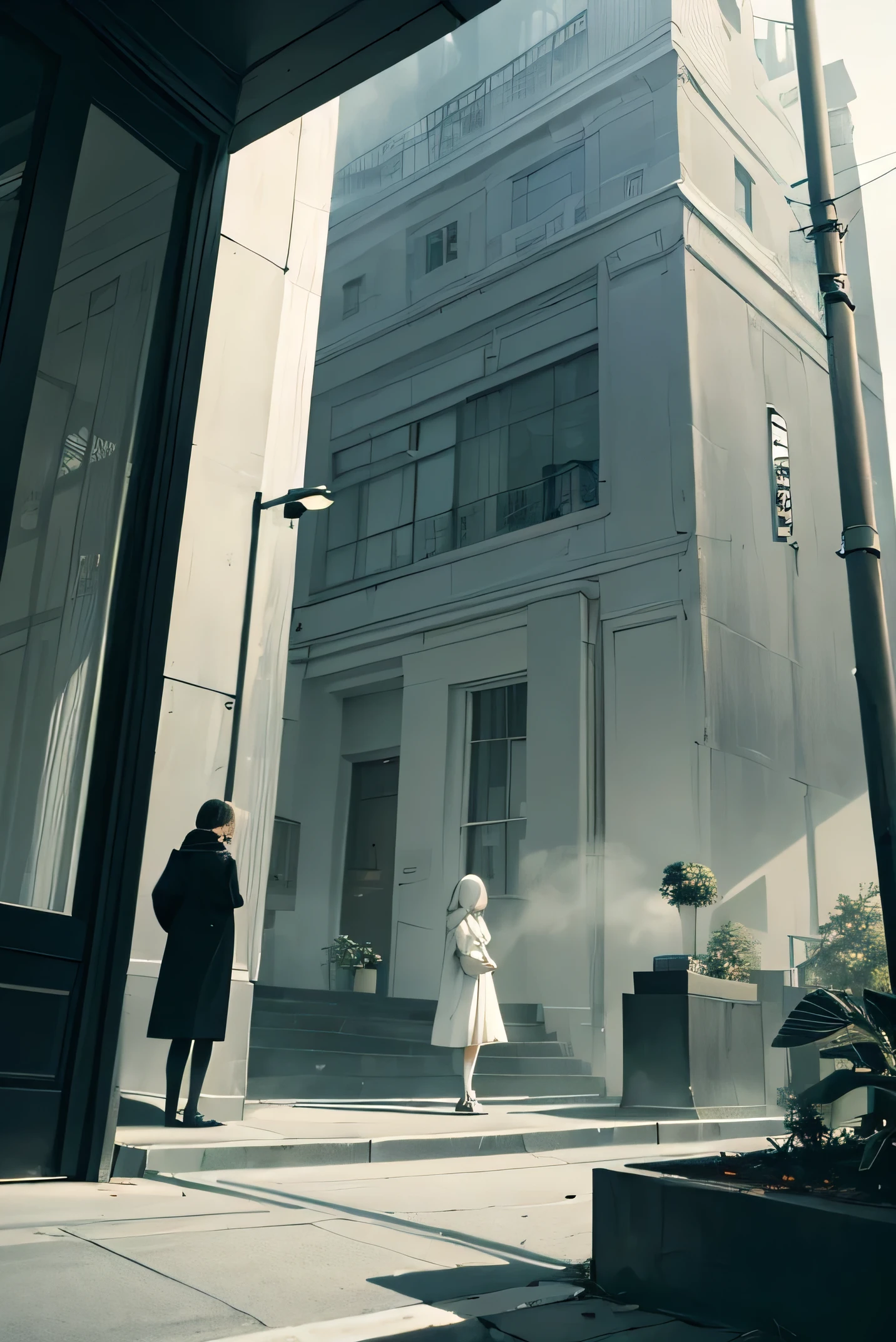 street corners, architecture, fog, etc.、Overall cream pale tone、light shade contrast plays the leading role
Composition depicting people and plants abstractly with thin black lines
Art that reverses black and white(example:Create shapes with shadows)