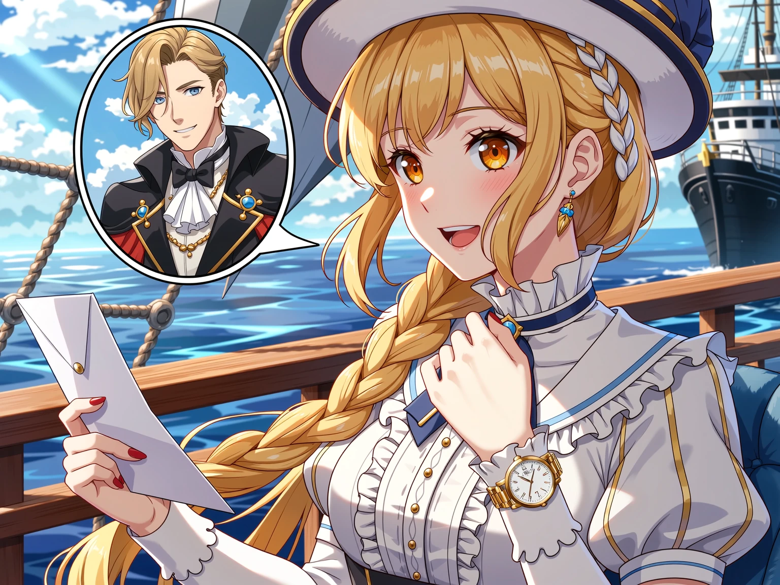 Close-up of an 18-year-old noble daughter joyfully receiving a golden wristwatch from her father
focus on daughter's delighted face, large round golden eyes, straight long golden hair, smooth fair skin, subtle smile
daughter holds the golden wristwatch with both hands, front visible
realistic anime style
BREAK
watch detail: small, delicate women's wristwatch, round dial, gold bezel, thin gold strap, elegant and refined, not overly ornate
father's hand reaching in to give the watch, soft lighting highlighting metal and hand details
BREAK
warm indoor light, soft bokeh background, subtle hints of luxurious medieval-style room, wooden furniture, tapestries
ethereal realism, high detail facial expressions and hands, watch gleaming subtly
BREAK
quality enhancement: ultra-detailed, ultra-realistic textures, cinematic lighting, sharp focus on face, watch, and hands, realistic reflections, intricate fabric folds, high resolution, photorealistic skin and hair
BREAK
negative prompt: deformed , extra limbs, low detail, messy background, harsh shadows, unnatural proportions, blurred faces, modern elements