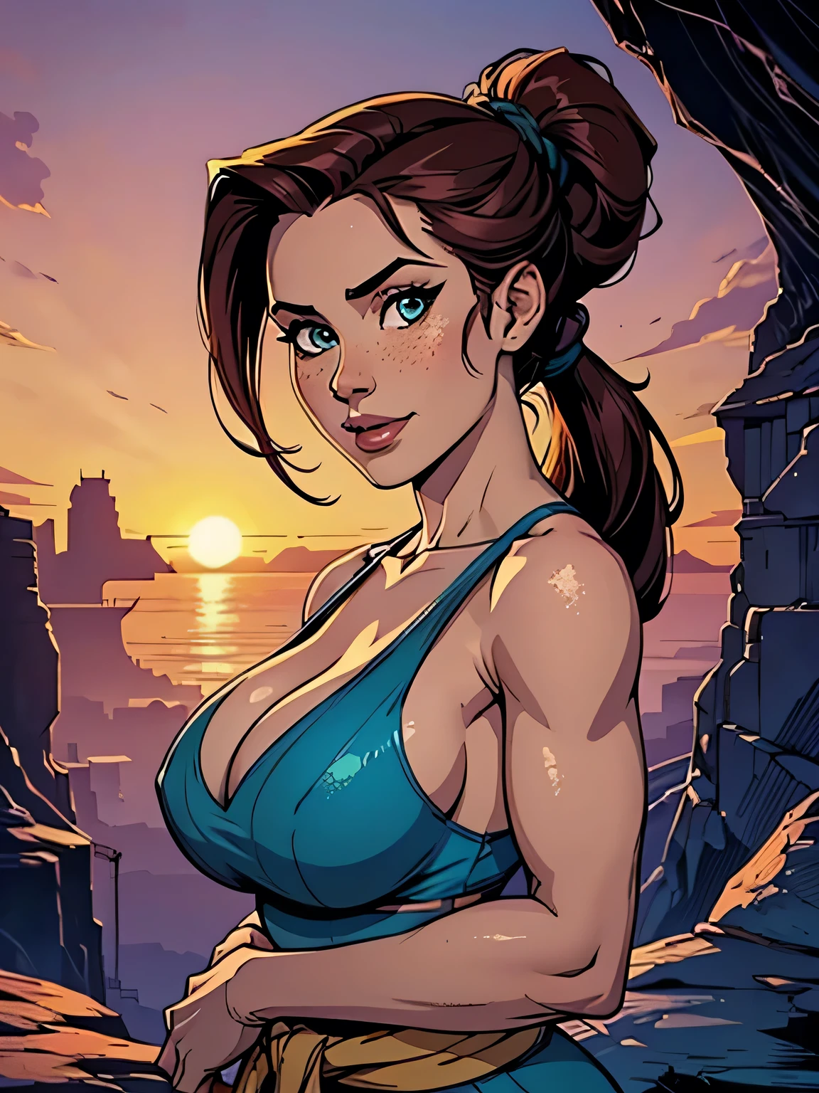 Melhor qualidade, obra de arte, (realista: 1.2) Close to a thin and athletic woman (Lara Croft), 25 anos, 16k (( high definition )), sorriso suspirante, olhar sedutor ((looking at the viewer)), olhos castanhos, wearing tight teal blue blouse ((decotes em V, sem mangas )), cintura fina, usa um cinto marrom, arms on the sides of her body, pele morena, cabelo castanho (( with braided ponytail )), She's alone in a cave (( upper body, From head to waist , side view 1 .4)), with freckles on her neck and , (( large, round 1.4)), (( Well defined collarbone)). estilo cartoon ((QG)), cave and sunset in the background.