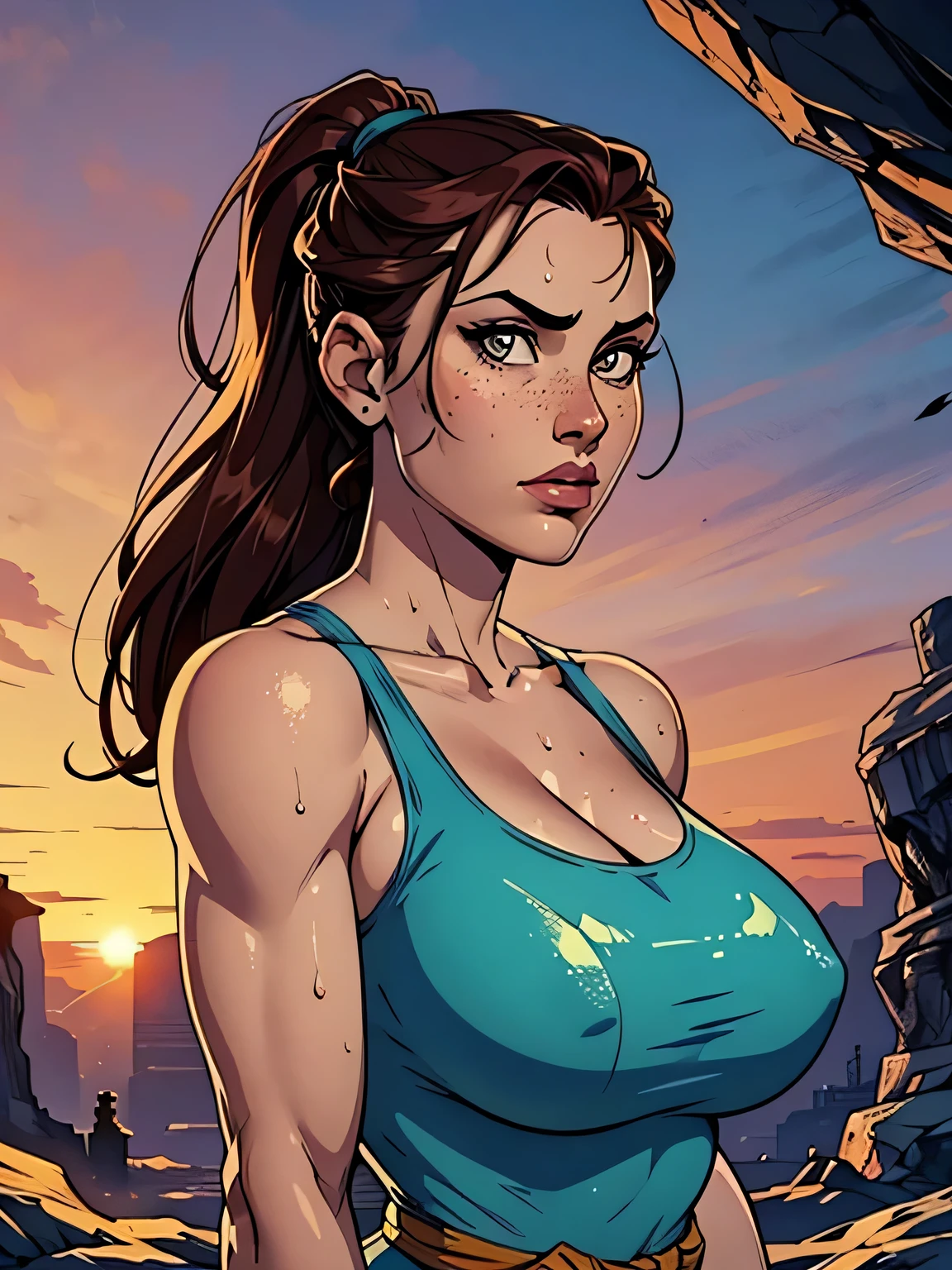 Melhor qualidade, obra de arte, (realista: 1.2) Close to a thin and athletic woman (Lara Croft), 25 anos, 16k (( high definition )), sighing look, olhar sedutor ((looking at the viewer)), olhos castanhos, wearing tight turquoise blue blouse ((decotes em V, sem mangas )), cintura fina, usa um cinto marrom, arms at the sides of the body, pele morena, cabelo castanho (( with braided ponytail )), She's alone in a cave (( upper body, From head to waist , side view 1 .4)), with freckles on the neck and , (( big round and sweaty 1.4)), (( Well defined collarbone)). estilo cartoon ((QG)), cave and sunset in the background.
