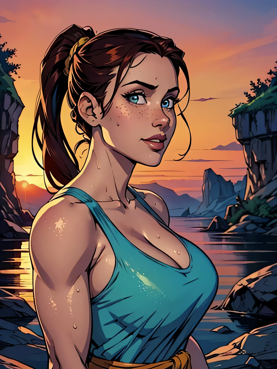 Melhor qualidade, obra de arte, (realista: 1.2) Close to a thin and athletic woman (Lara Croft), 25 anos, 16k (( high definition )), sorriso suspirante, olhar sedutor ((looking at the viewer)), olhos castanhos, wearing tight turquoise blue blouse ((decotes em V, sem mangas )), cintura fina, usa um cinto marrom, arms at the sides of the body, pele morena, cabelo castanho (( with braided ponytail )), She's alone in a cave (( upper body, From head to waist , side view 1 .4)), with freckles on the neck and , (( big round and sweaty 1.4)), (( Well defined collarbone)). estilo cartoon ((QG)), cave and sunset in the background.