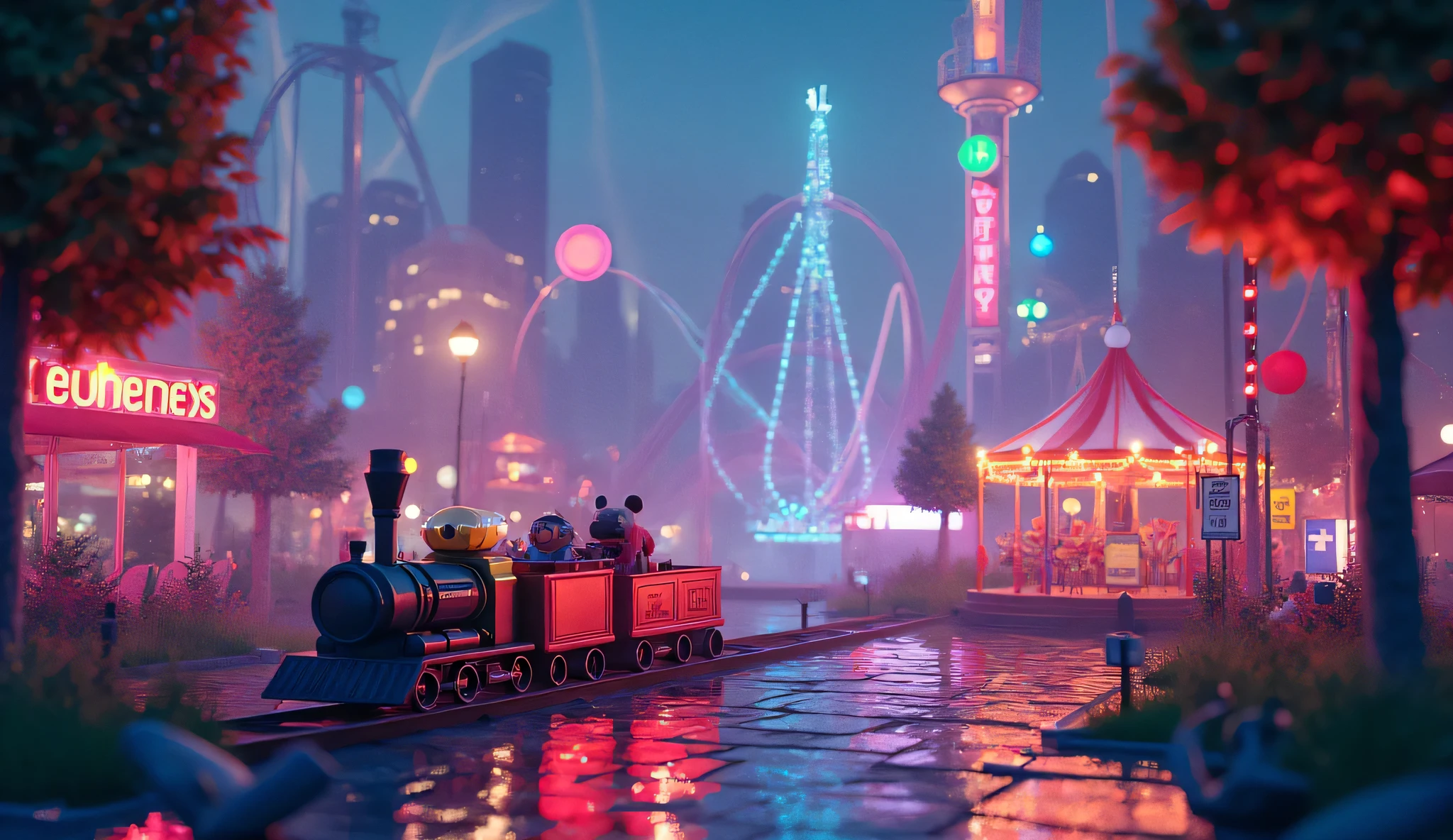 atmospheric digital illustration in style modern animation, location "Play Area" virtual desktop, presented as a fantastic amusement park, where attractions take the form of gaming applications and controllers, system programs a roller coaster ride in the form of, carousel consists of rotating colored discs and flash drives, fountains emit jets of glowing data of different colors, trees look like 3D models of folders with leafs-documents, , the park's paths are lined with pixel mosaics, repeating the pattern of the, on the horizon, you can see the skyscraper towers of other applications and, keyboard connected by bridges of light, processor performance graphs The sky above the park consists of a moving grid with floating weather widgets, Mr. Pixel and his pixel friends ride a miniature train in the form of a progress bar