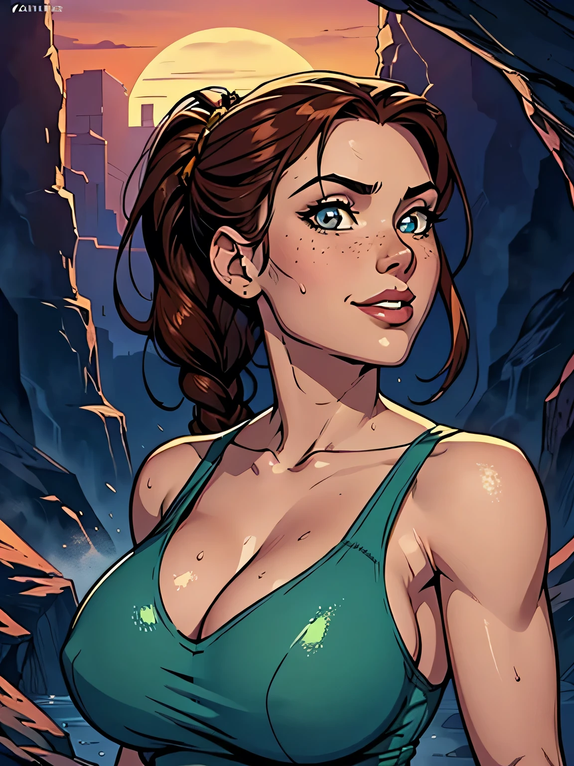 Melhor qualidade, obra de arte, (realista: 1.2) Close to a thin and athletic woman (Lara Croft), 25 anos, 16k (( high definition )), sorriso suspirante, olhar sedutor ((looking at the viewer)), olhos castanhos, wearing tight turquoise blue blouse ((decotes em V, sem mangas )), cintura fina, usa um cinto marrom, arms at the sides of the body, pele morena, cabelo castanho (( with braided ponytail )), She's alone in a cave (( upper body, From head to waist , side view 1 .4)), with freckles on the neck and , (( big round and sweaty 1.4)), (( Well defined collarbone)). estilo cartoon ((QG)), cave and sunset in the background.