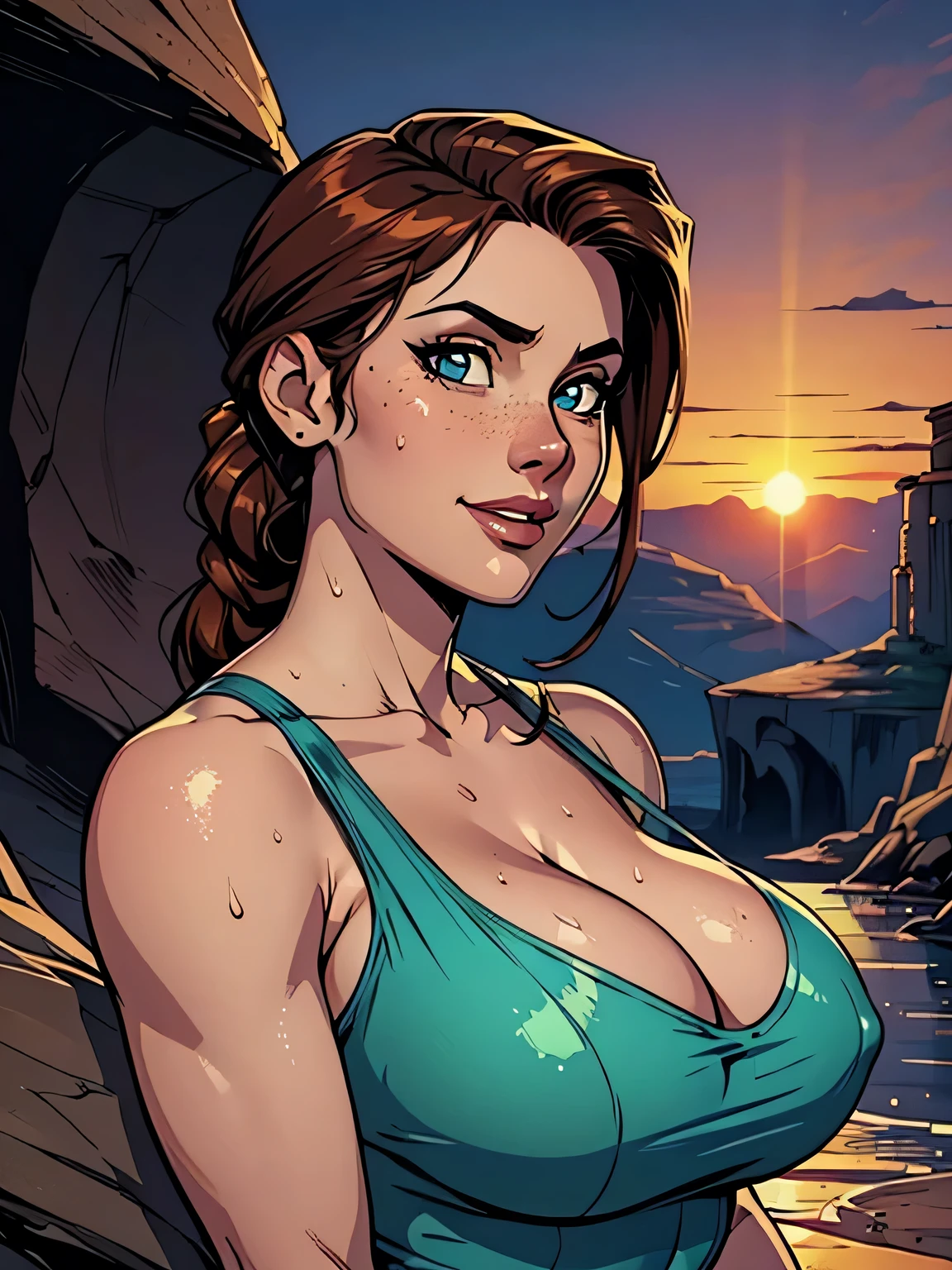 Melhor qualidade, obra de arte, (realista: 1.2) Close to a thin and athletic woman (Lara Croft), 25 anos, 16k (( high definition )), sorriso suspirante, olhar sedutor ((looking at the viewer)), olhos castanhos, wearing tight turquoise blue blouse ((decotes em V, sem mangas )), cintura fina, usa um cinto marrom, arms at the sides of the body, pele morena, cabelo castanho (( with braided ponytail )), She's alone in a cave (( upper body, From head to waist , side view 1 .4)), with freckles on the neck and , (( big round and sweaty 1.4)), (( Well defined collarbone)). estilo cartoon ((QG)), cave and sunset in the background.
