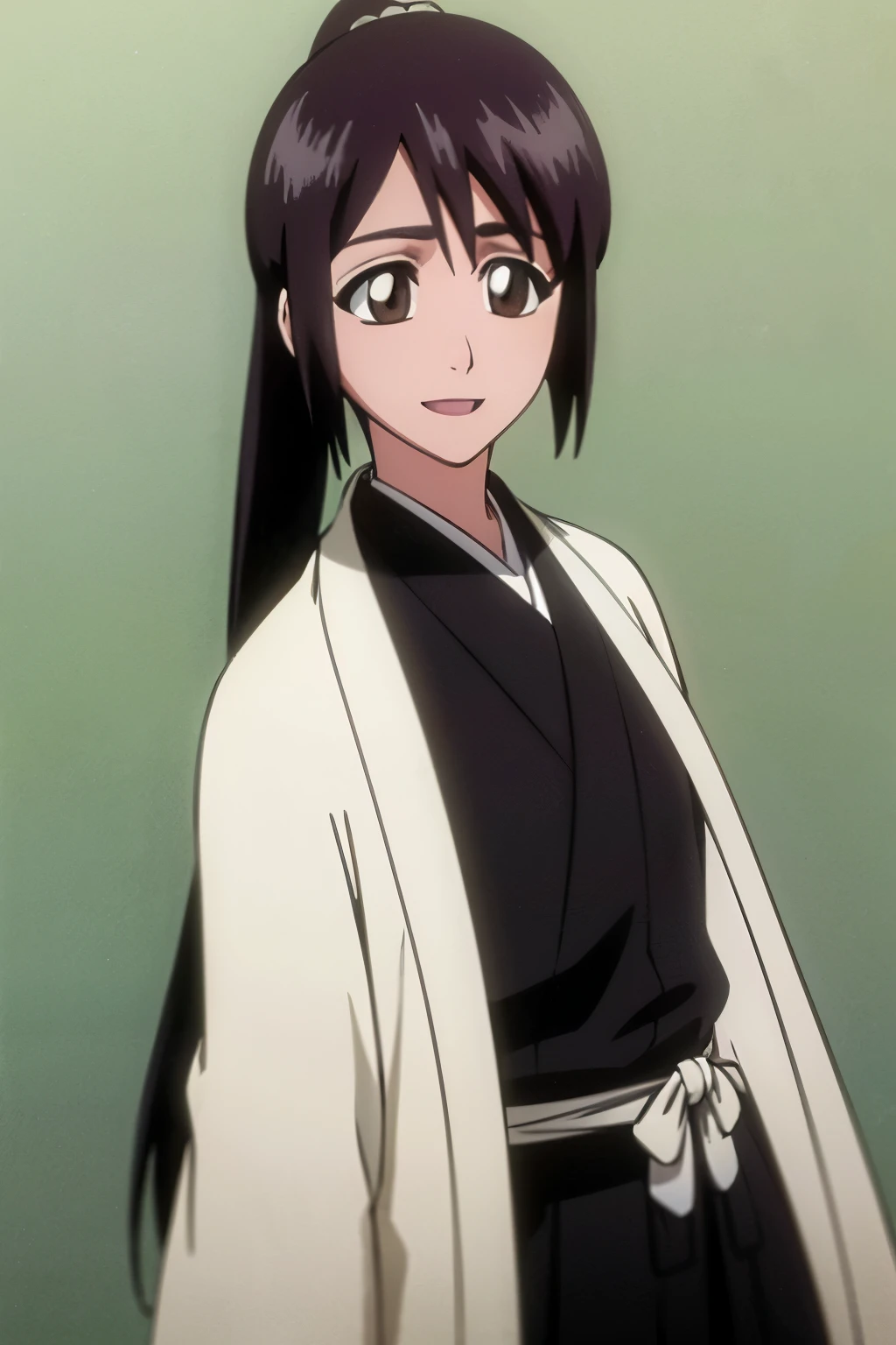 masterpiece, Highest quality , one girl from the side , romantic love , black hair,ponytail, single , Straight long hair, Vancouver, brown eyes, kimono, white sleeveless coat ,Captain's coat without white sleeves, black kimono , smile, alone, I'm looking for , simple background