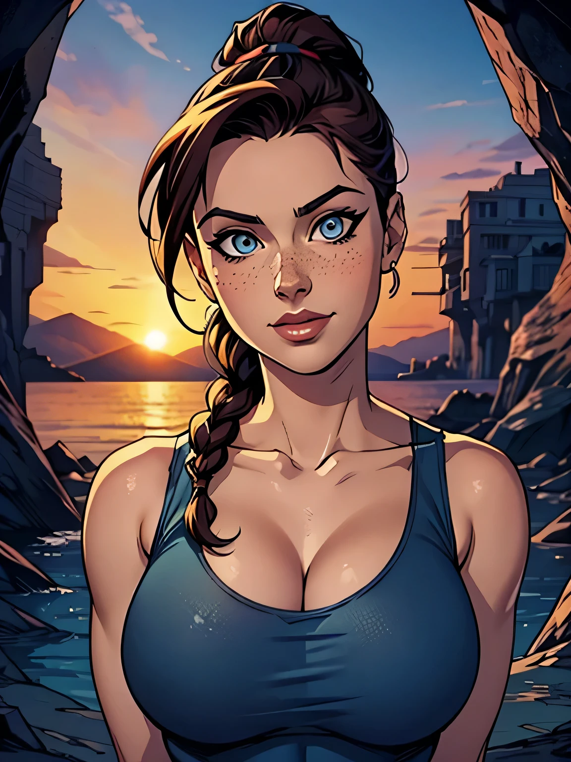 Melhor qualidade, obra de arte, (realista: 1.2) Close-up of a thin and athletic woman (Lara Croft), 25 anos, 16k (( high definition )), sorriso suspirante, olhar sedutor ((looking at the viewer)), olhos castanhos, wearing a fitted petrol blue tank top ((decotes em V, sem mangas )), cintura fina, usa um cinto marrom, arms at the sides of the body, pele morena, cabelo castanho (( with braided ponytail )), She's alone in a cave (( upper body, From head to waist , vista lateral 1.4)), with freckles on the neck and breasts , (( large, round breasts 1.4)), (( Well defined collarbone)). estilo cartoon ((QG)), cave and sunset in the background.