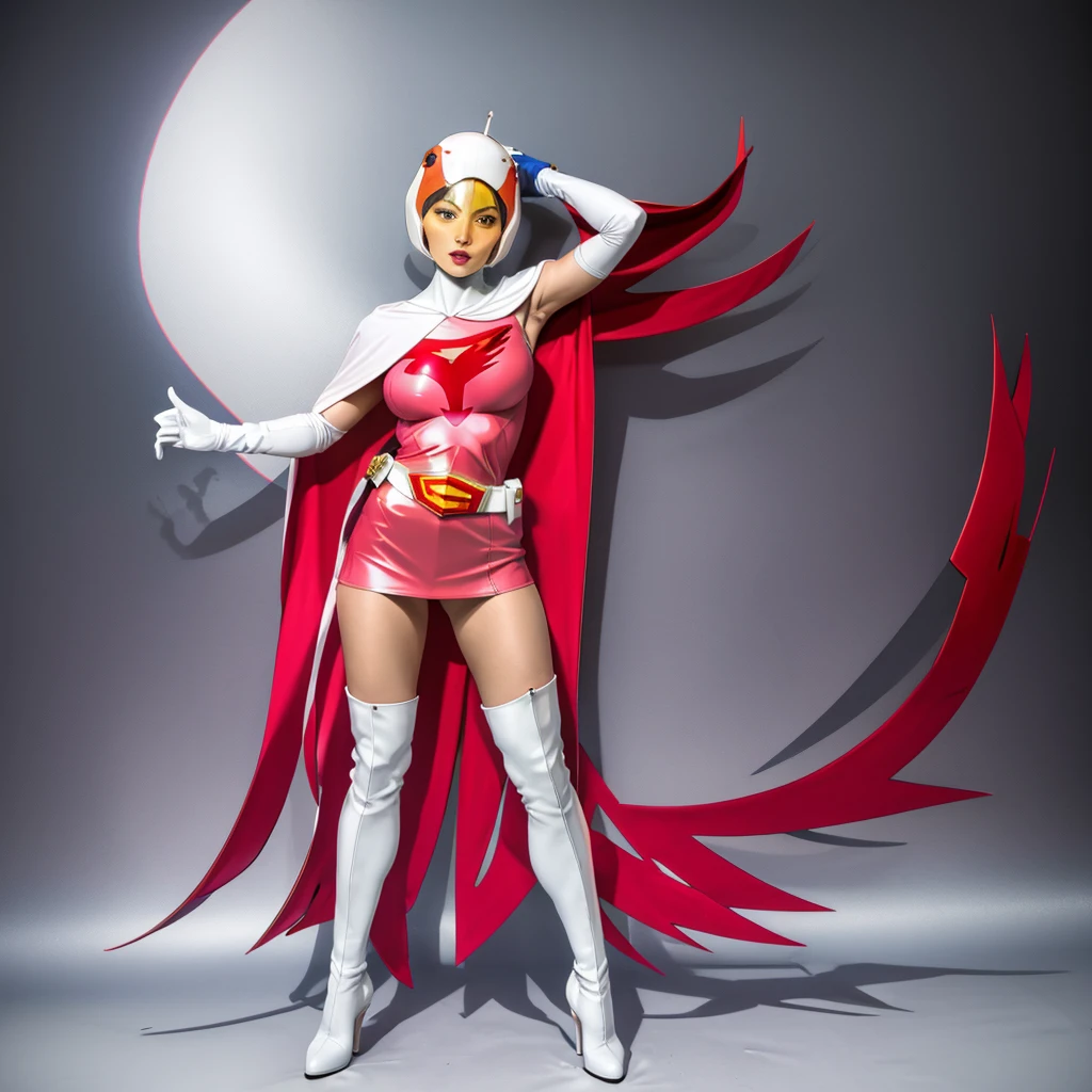 ANI_CLASSIC_jun_gatchaman_ownwaifu,1girl, 15yo,good , masterpiece, best quality,realistic, hyperrealistic, 16k hdr, long hair,breasts,green eyes,lips,large breasts,lipstick,makeup,gloves,cape,helmet,belt,elbow gloves,white gloves,mask,ultra ,leotard,spacesuit,white tight overknee highheels boots,pink dress,superhero,,cleavage,erected ,(sexy pose,view from above),(:1.1),
