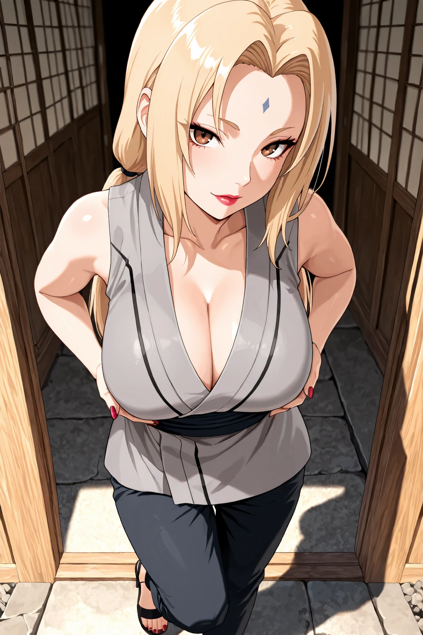 1girl,most, 1girl, solo, watch the viewers, blond hair, Mark on the forehead, Lipstick, brown eyes,
long hair, rose twin tail,
gray kimono, sleeveless kimono, band,
big breasts, Disconnect,
pants, sandals,
足のnailのマニキュア,nail,, high quality, very detailed, masterpiece,Highest Quality,amazing quality,very aesthetic,absurd,high definition,Newest,ray tracing,careful,8k,original, provocative poses, detailed skin, watch the viewers, sexy poses, big boobs