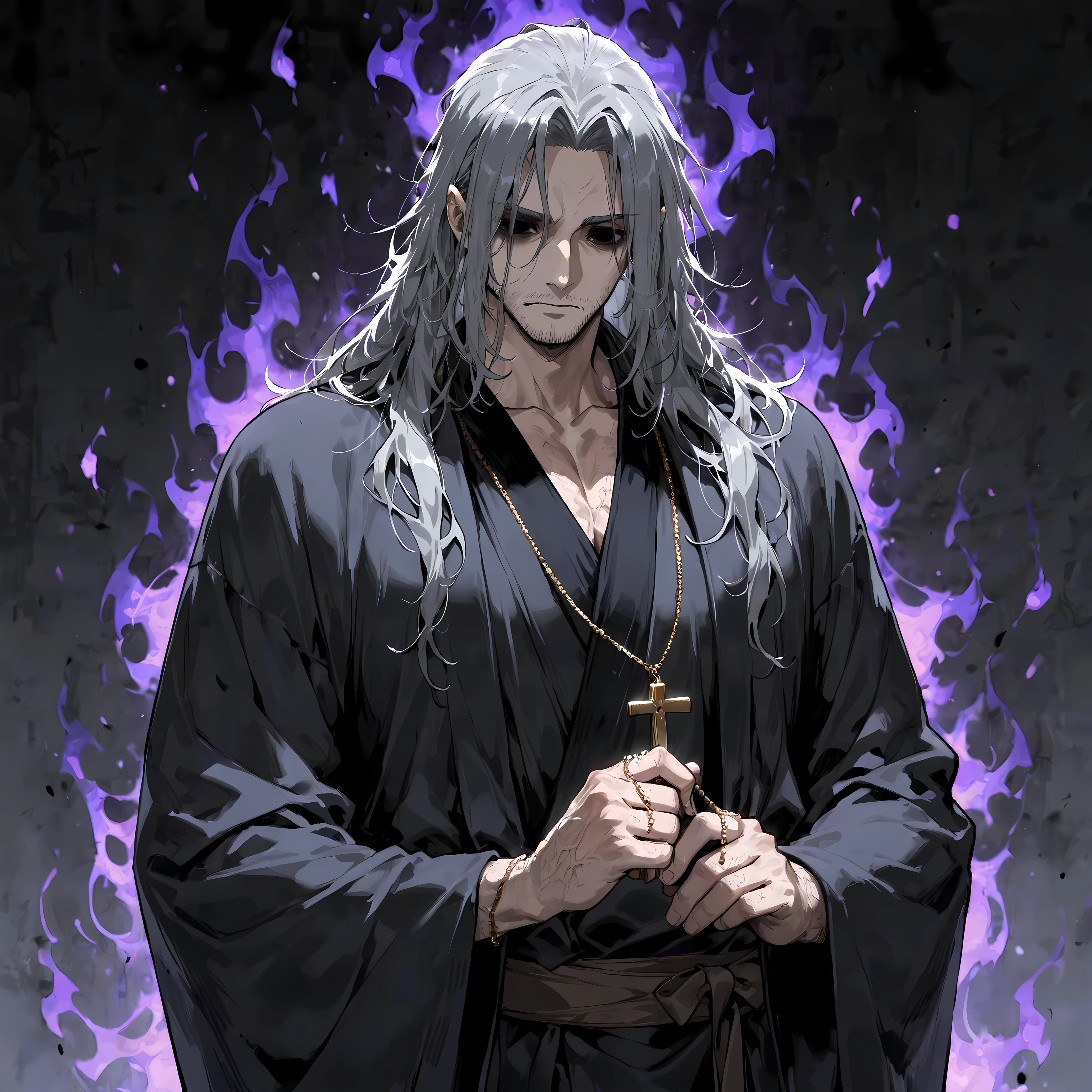 masterpiece, best quality, simple, 1male, adult, male focus, fair skin, long messy gray hair, hollow eyes, monk robes, holding rosary, dark aura