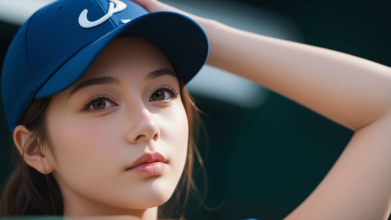 ((baseball))、caps、poneyTail、(​masterpiece、top-quality) 、kawaii、(Colossal tits:1.2)、((20 year old woman:1.2))、Young adorable Japan face, ,Soft portrait shots,in 8K,、Young cute gravure idol、、Young gravure idols、model in Japan