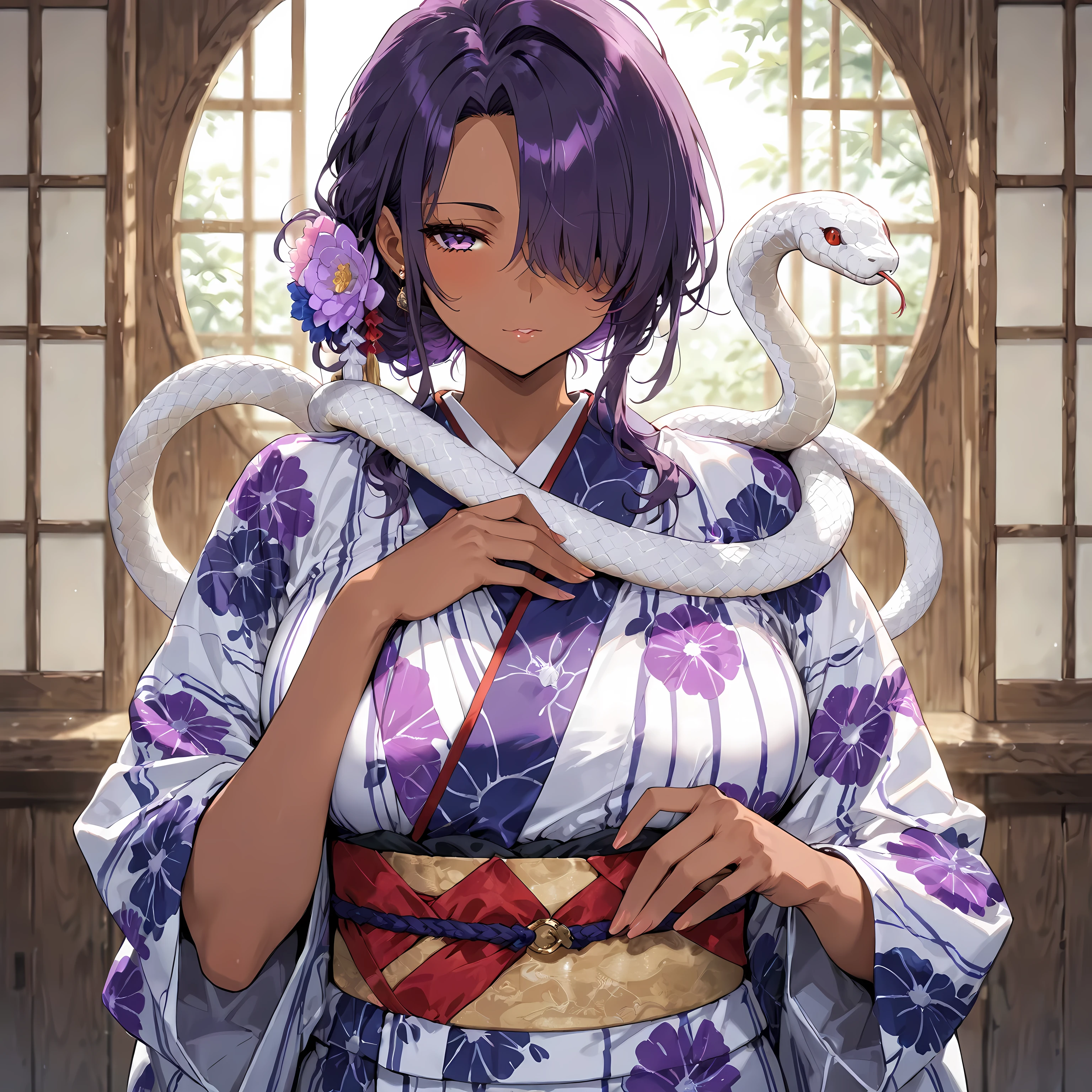 masterpiece, best quality, simple, 1female, adult, female focus, dark skin, purple hair, one eye covered, intricate kimono, snake on shoulder