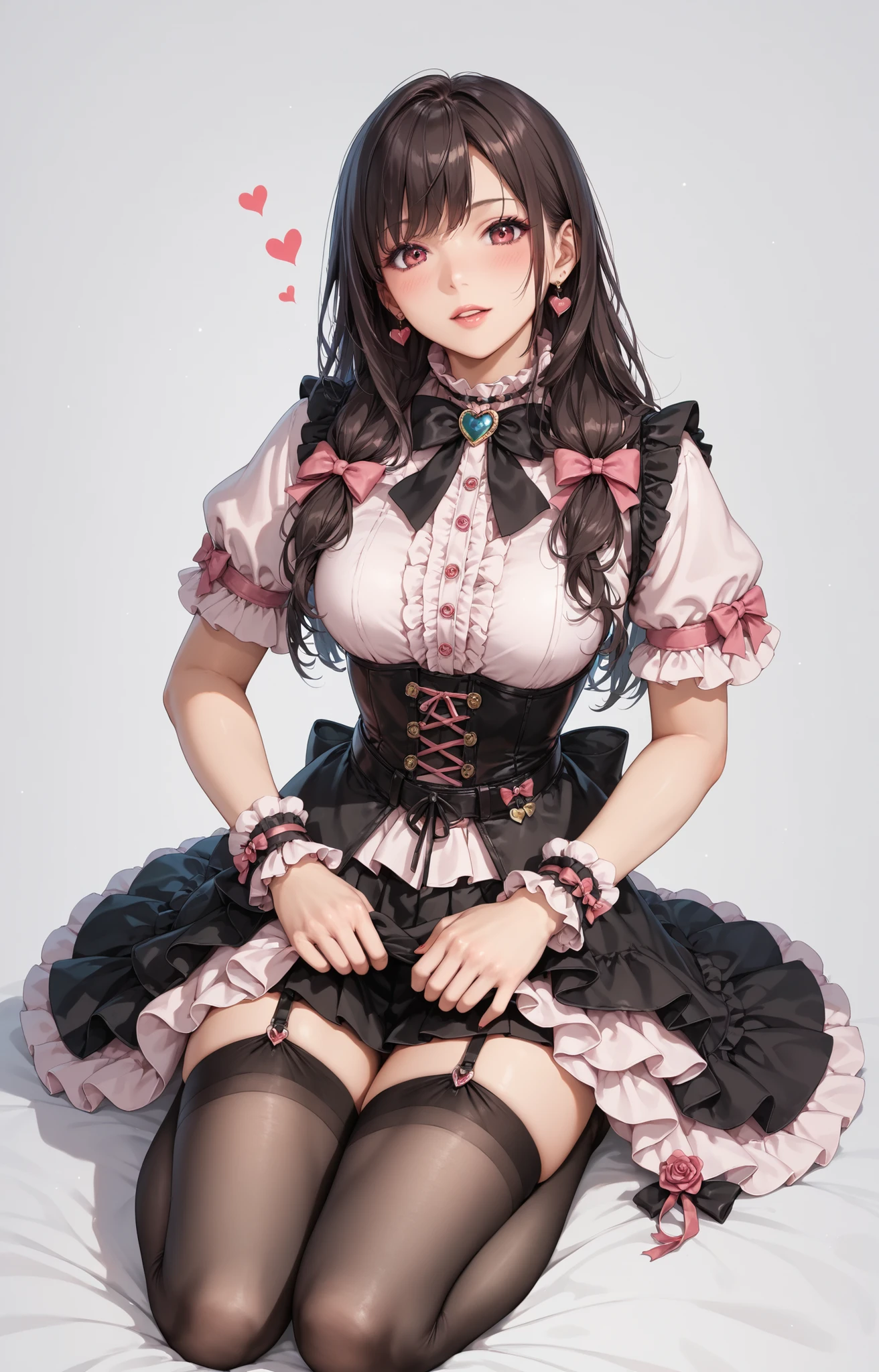 ((inspired by japanese woman)),((inspired by Animation Style:1.5)),(masterpiece, best quality),beautiful, beautiful-woman, ((detailed face)).(full body:1.3).,
,
,
Pink long-sleeve blouse with ruffle-trimmed cuffs and high ruffle collar, front adorned with black lace trim and a large black bow featuring a heart-shaped rhinestone brooch; black peplum corset belt with pink ribbon lace-up details at front, adjustable suspender straps over shoulders; black high-waisted tiered mini skirt with subtle ruffle hem beneath peplum belt; sheer black polka-dot tights; black platform Mary Jane shoes