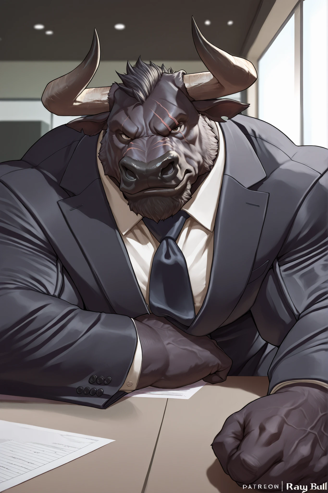 solo, masterpiece:1.3, muscular man, furry black bull, suits, office, film looks, firm, serious, strong, pose, looking to viewer, scar on face, highly detailed, 8k, semi realistic, Anatomically Correct, Best Quality, Textured Skin, Ray Tracing, detailed face, detailed eyes