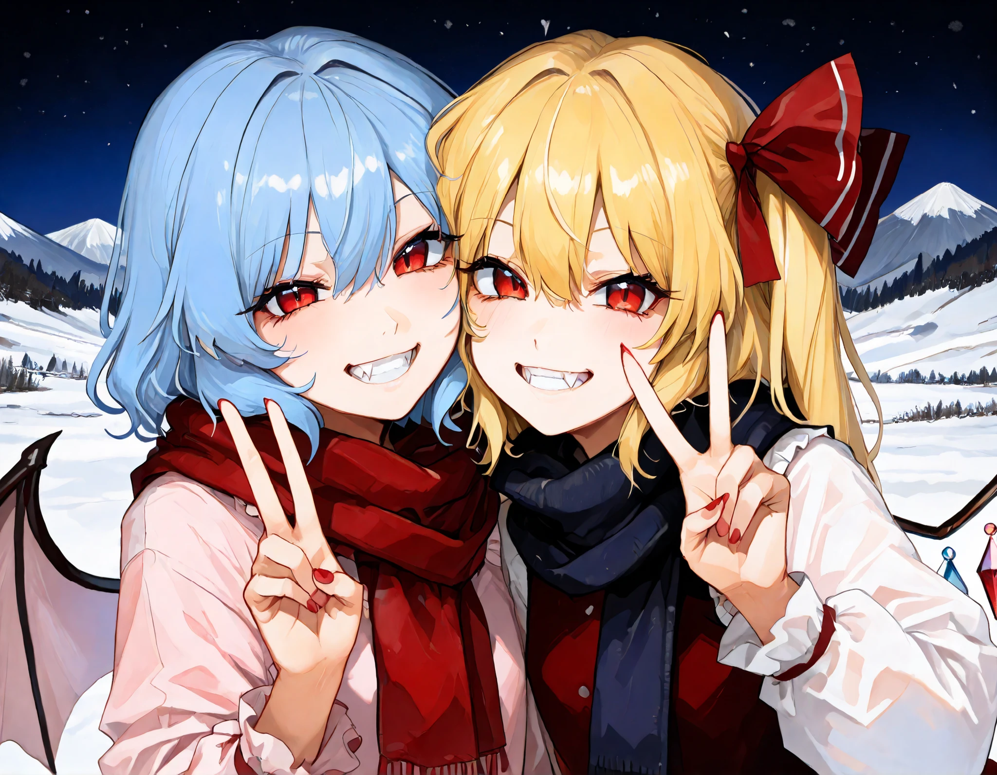 Touhou project, Flandre scarlet, Remilia Scarlet, two woman, 最high quality, masterpiece, Ultra High Definition, high quality, Blonde Hair, Blue Hair, Mountain, Night、long eyelash, scarf, grin, fang, single V, bat wings,