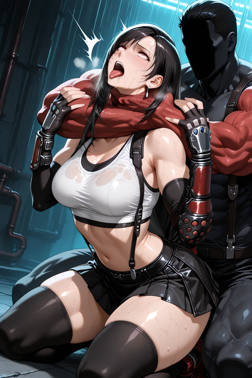 score_9、score_8_up、score_7_up,One girl、(((Tifa Lockhart:1.5)))、、Dark fantasy、Realistic style、Perfect female body、Small waist、Kneel、Big Tits 1.2、Beautiful breasts、Thighs、Curvaceous Body、lips、Long Hair、eyeliner、Eye lashes、Detailed eyes、Mature Woman、sexy、Cool face、View Viewer、(Painful expression、steam:1.1)、blush、(Detailed Hair、bangs、Dark Brown Hair、Fluttering Hair)、Stone Wall、Dark dungeon background、Brown eyes、FF7、Silver Earrings、(Man grabbing hair:1.2)、(Black collar and lead、Leather   Restraints、Tightly squeezed breasts、、suspenders、Put your arms behind your back)、No correction、Sweaty、Wet、開いたlips、、(Puffy )、High resolution、high quality、最high quality、masterpiece、HDR、Highest production values、masterpiece、((、、Huge  in mouth、(Woman swallows man's 、 in her mouth、Man grabbing his head:1.5)、male、A thick but not long 、Vein :1.1))、 on chest、 dripping from the 、Mr.々Variations、At random angles、(Dynamic Angle)