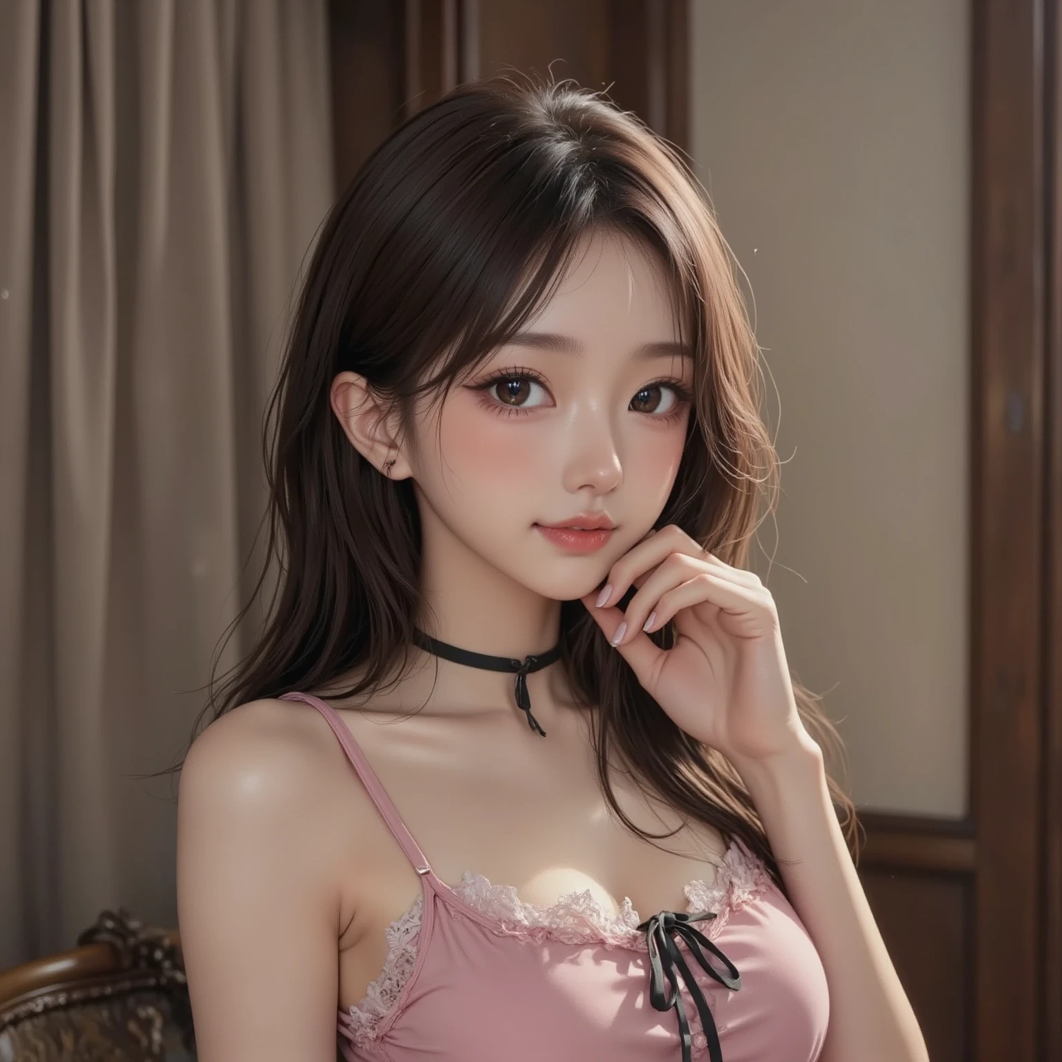 ((masterpiece: 1.3),8K, Realistic, RAW Photos, Highest quality: 1.4), (One Girl), beautiful顔, (Realistic Face), (Brown long hair: 1.3), (((night、nightの部屋の中))),beautifulヘアスタイル, (bangs), (smile), smile, Realistic eyes, Gloss, highlight, highlight in the Eyes, eyelash, 目の中のbeautifulディテール, (Realistic Skin), (((bustトップ、Lace dress、Pink)))、beautiful肌, Transparency、(beautiful)、 bust, smile, teeth, Confused, charm, 超High resolution, Ultra-realistic, High resolution, Golden Ratio, Clear eyes, Wet, Mole, Looking into the camera, ear, Shine, Long neck, double eyelid, Big eyes, cheek, kind character, charm personality, kind, Move, 圧倒的なcharm, bright personality