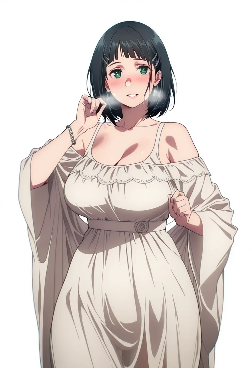 L_Cation2, Babu-style, Hgk, (jeneral-style:1.2), (jjune-style:1.2), (andrian_januar_adilia-style:1.3), (toi8-style:1.4), (anime coloring, anime screencap), shiny skin, Hand drawn, cinematic, Sharp focus, humorous illustration, big depth of field, Masterpiece, concept art, trending on artstation, Vivid colors, Simplified style, trending on ArtStation, trending on CGSociety, Intricate, Vibrant colors, Soft Shading, Simplistic Features, Sharp Angles, Playful, (voluptuous body:1.4), (mature female:1.4), (cellulite:1.3), ((anatomical correct)), perfect body, perfect eyes, perfect fingers, gasping, heavy breathing, gasping profusely, ((skindentation)), ((curvy, thigh gap)), suguha kirigaya, short hair, (black hair:1.3), hair ornament, hairclip, green eyes, mature female, bright pupils, plump, 1girl, breasts, solo, dress, bare_shoulders, looking_at_viewer, cleavage, white_background, white_dress, bracelet, smile, simple_background, blush, jewelry, parted_lips, collarbone, off_shoulder, wide_sleeves