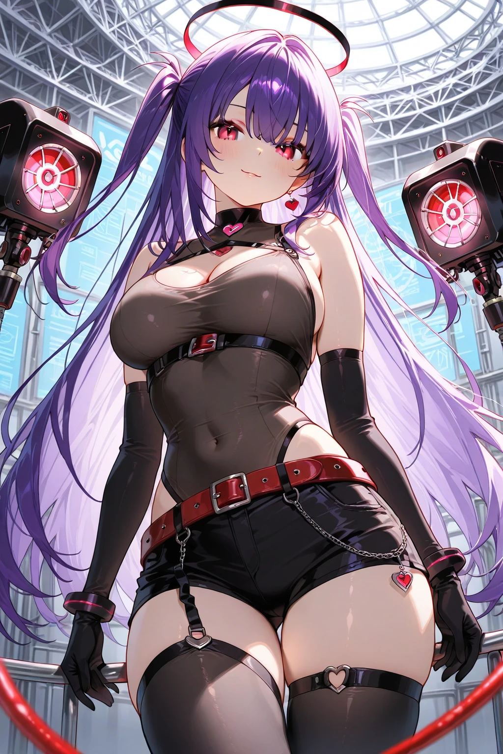 1girl, solo, big , thigh highs, upper body,purple hair,hanging breasts,black footwear,black thighhighs,arms up,looking down,cowboy shot,navel,parted lips, huge breasts,mature female,shiny,shiny skin
