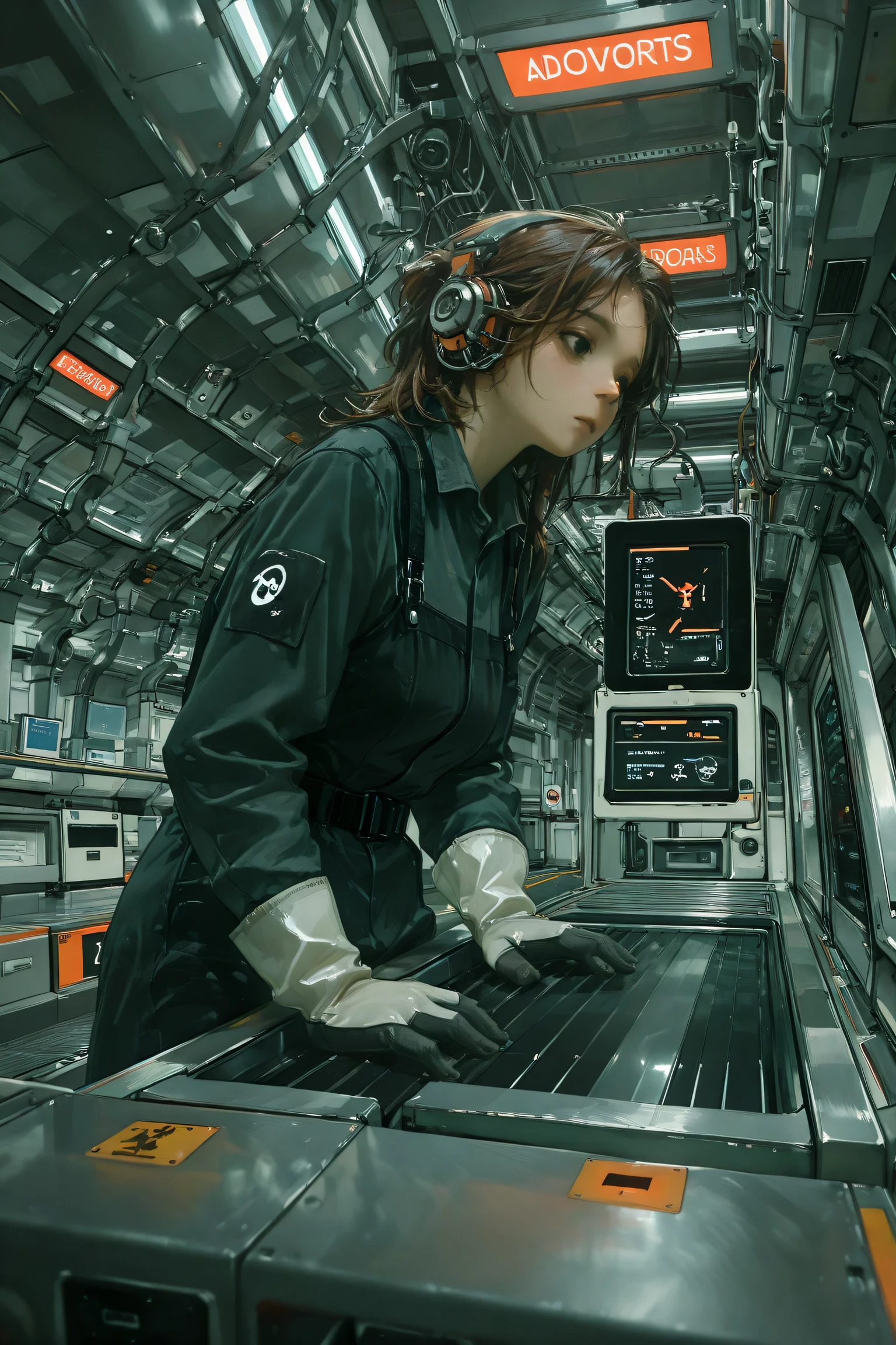 masterpiece, best quality, vibrant, very aesthetic, high contrast, A 22-year-old young woman working in a factory, (low angle shot:1.3),  (in front of the conveyor belt:1.4)、(Factory work clothes and gloves:1.3)、(Her gaze fixed on the conveyor belt:1.3), Assembly line work, disheveled hair, dead eyes reflecting nothing, emotionless vacant gaze, lifeless expression, hands mechanically assembling parts, (厭世観:1.5) atnr,