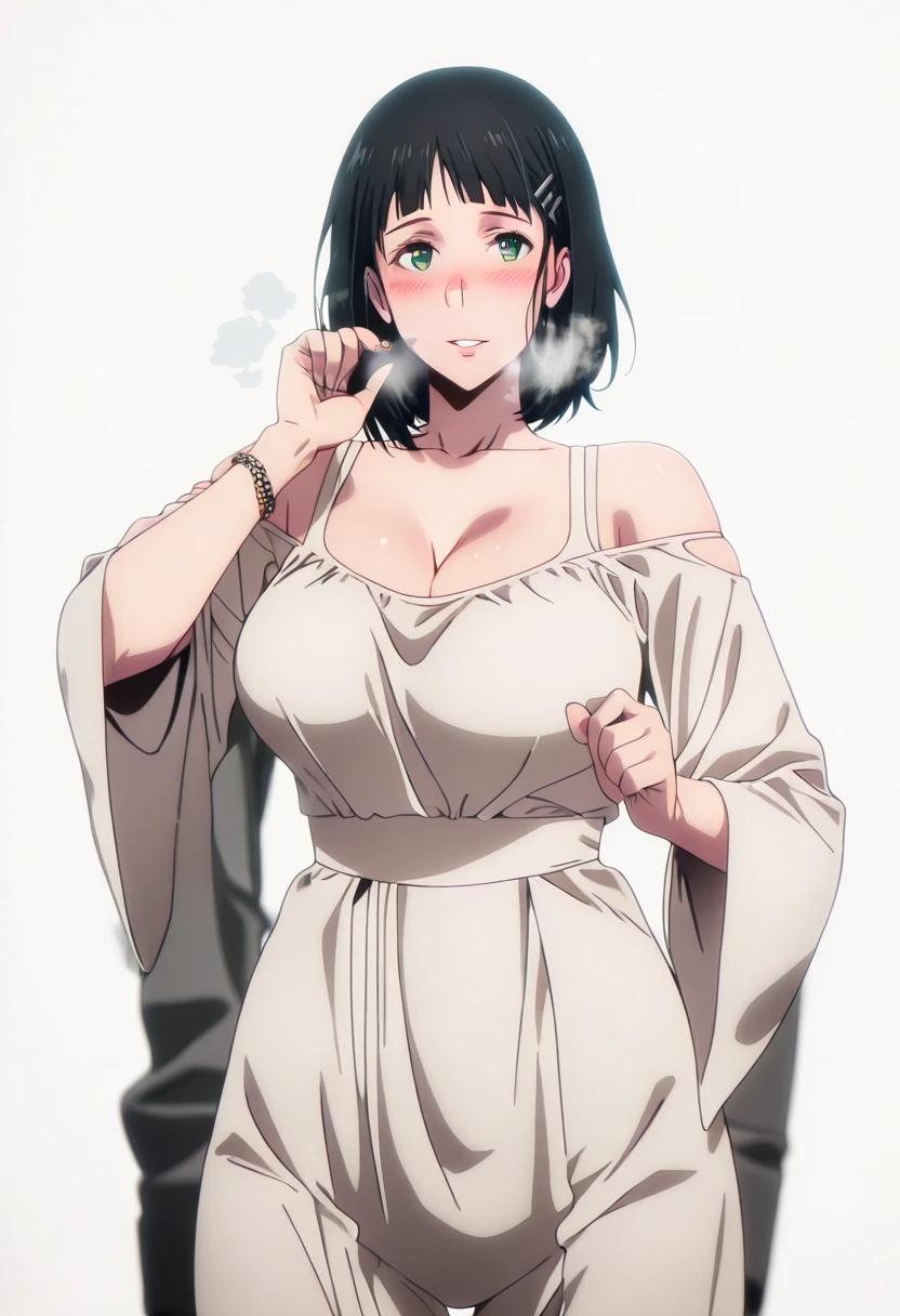 L_Cation2, Babu-style, Hgk, (jeneral-style:1.2), (jjune-style:1.2), (andrian_januar_adilia-style:1.3), (toi8-style:1.4), (anime coloring, anime screencap), shiny skin, Hand drawn, cinematic, Sharp focus, humorous illustration, big depth of field, Masterpiece, concept art, trending on artstation, Vivid colors, Simplified style, trending on ArtStation, trending on CGSociety, Intricate, Vibrant colors, Soft Shading, Simplistic Features, Sharp Angles, Playful, (voluptuous body:1.4), (mature female:1.4), (cellulite:1.3), ((anatomical correct)), perfect body, perfect eyes, perfect fingers, gasping, heavy breathing, gasping profusely, ((skindentation)), ((curvy, thigh gap)), suguha kirigaya, short hair, (black hair:1.3), hair ornament, hairclip, green eyes, mature female, bright pupils, plump, 1girl, breasts, solo, dress, bare_shoulders, looking_at_viewer, cleavage, white_background, white_dress, bracelet, smile, simple_background, blush, jewelry, parted_lips, collarbone, off_shoulder, wide_sleeves