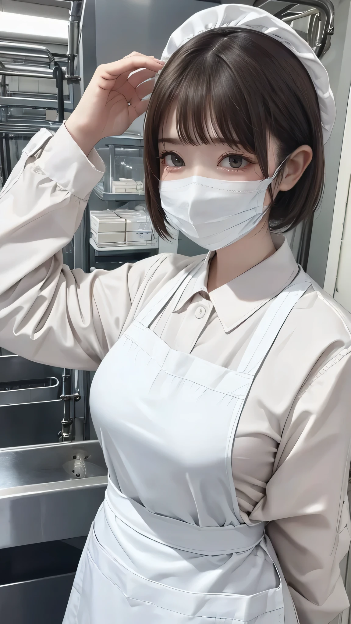 (Highest quality, 8K, masterpiece ), A 12-year-old junior high school student with a young face、 The eyes are large and clear、Black Hair、Wearing a beige mask:1.3、White Button Down Shirt、Glamour thighs:1.2、, Highly detailed face, double eyelid, Strong natural light、whole body、Sexy thighs:1.2、Side angle,Diagonal horizontal angle:1.2、Black 、On the bed、thin frame glasses