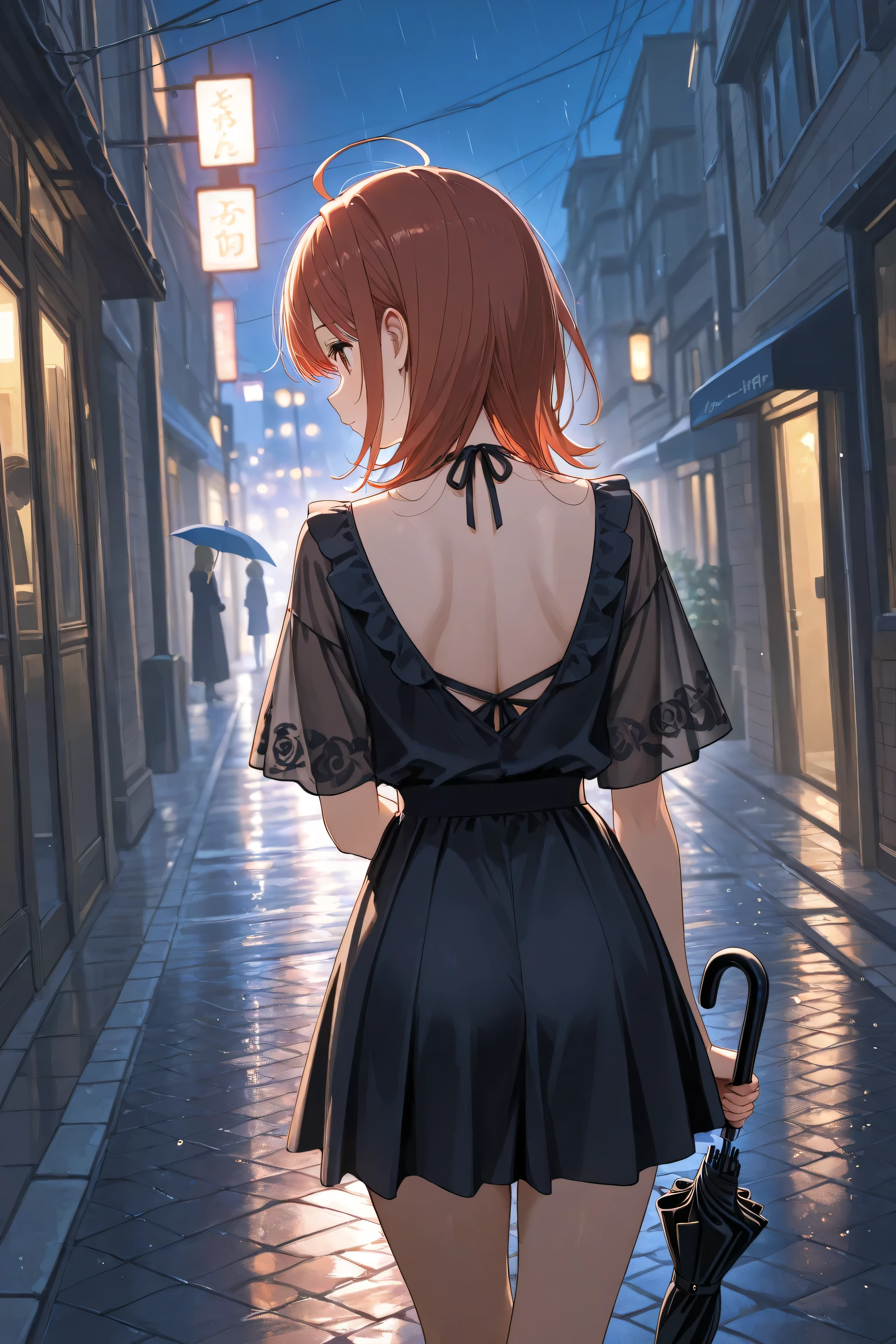 Short, Chestnut Hair、Umbrella、Passing each other、Back View of Her Reminiscent、Street corner on a rainy night