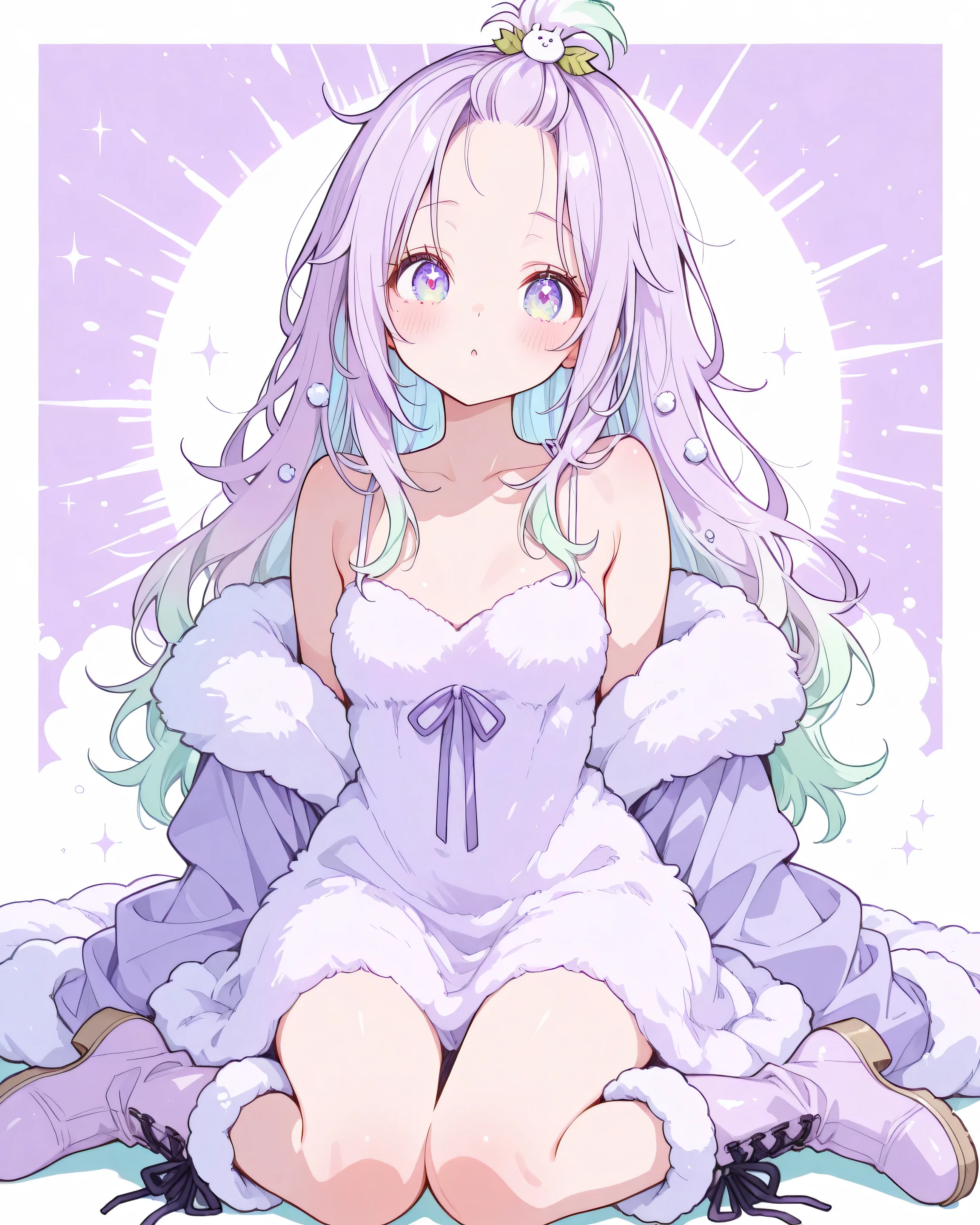 face in front、1girl,(pretty face、Babyface)、cute、Fluffy hair ornament、(bangs pinned back)、Light green and light pink gradation hair、個性的でcuteヘアスタイル、pop background、(Eyes shine with a gradation of light purple and light blue)、(BEST DETAILS、Highest Quality、Greatest Masterpiece)、Fluffy Dress、Moko Moko Long Boots、