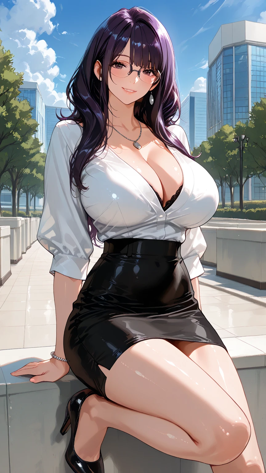 <lora:kim-10:1>Kim Mi-Jung, smile, purple hair, collared shirt, black skirt, earrings, 1girl, long hair, cleavage, jewelry, solo, black footwear, purple eyes, shirt, skirt, pencil skirt, makeup, office lady, high heels, white shirt, , miniskirt, leaning forward, hand on own thigh, thighs, sleeves rolled up, short sleeves, hand on hip, mature female, kneeling, looking at viewer, lipstick, glasses