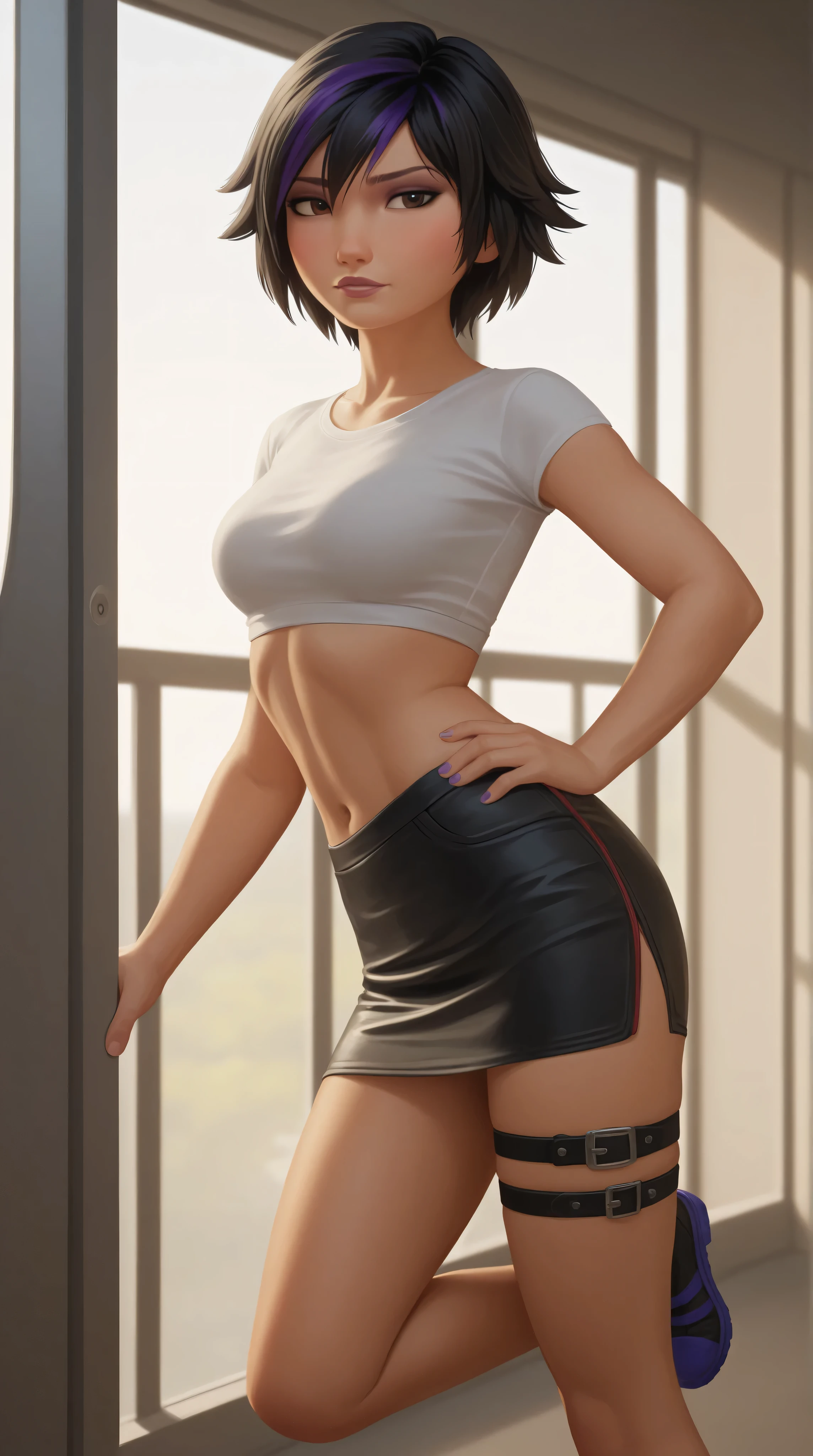 adult version of GoGo Tomago, That stands on a beautiful subway at sunset. warm golden light, that is reflected on the ocean. She has short black hair with purple highlights, woman with long hair、beautiful iris 、hohe Nase、 A photorealistic picture shows a woman of around 25 years of age with a slim build and elegant posture. 

The woman is wearing a tight-fitting, simple white top, das figurbetont ist, as well as a short black skirt, which is held by two narrow leather straps, which appear subtly emphasized. Her posture is straight, with her weight slightly shifted onto one leg. One hand rests loosely on her hip, while the other moves casually over her body, as if it were unconscious, but in truth controlled.

The room is decorated in subdued light with warm tones and minimalistic interior. Behind her, a half-closed door can be seen. Her appearance fills the room, as if it were a stage. The woman's charisma is sophisticated, confident and dominant, with a hint of provocation - she is a woman, who knows exactly, wie sie wirkt. Schwarzes kleid 