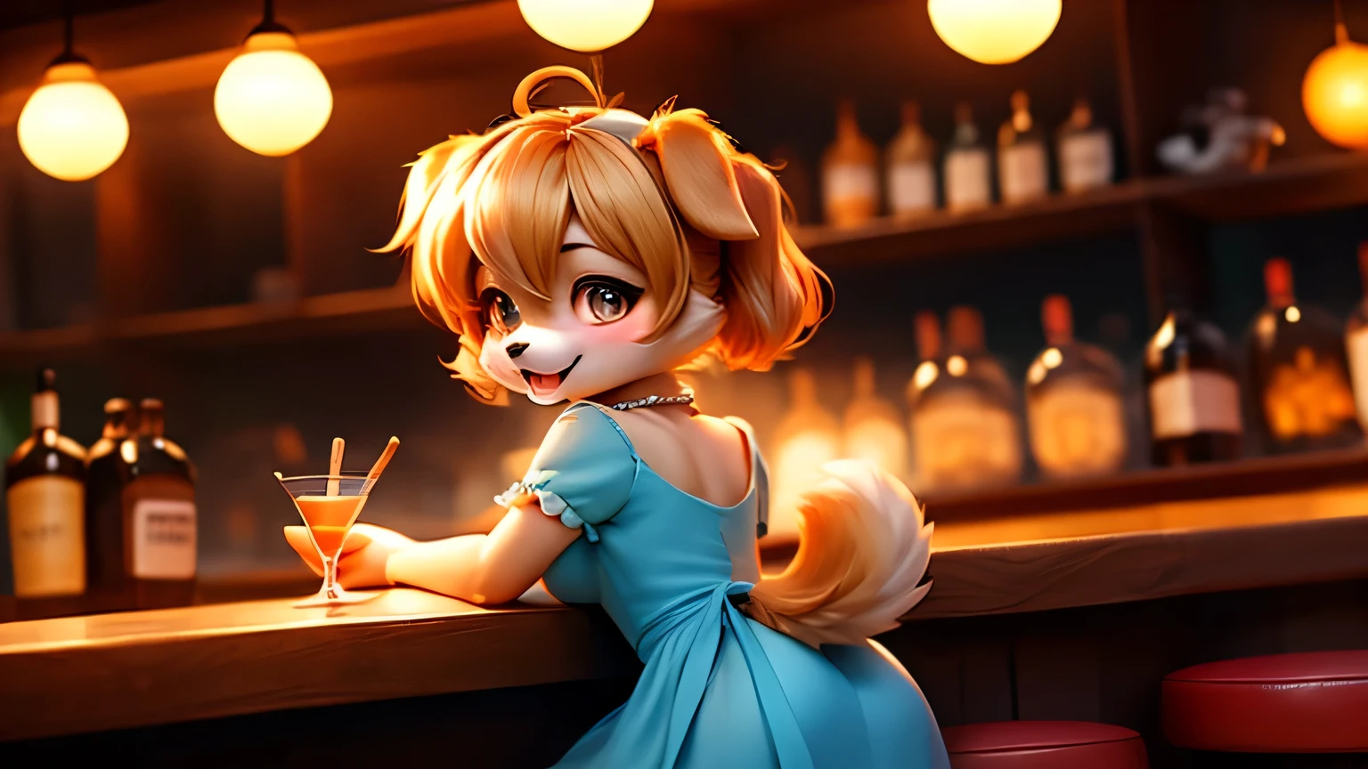 cocktail、Bar Rooftop、Wear a  dog、cute、sexy、dress