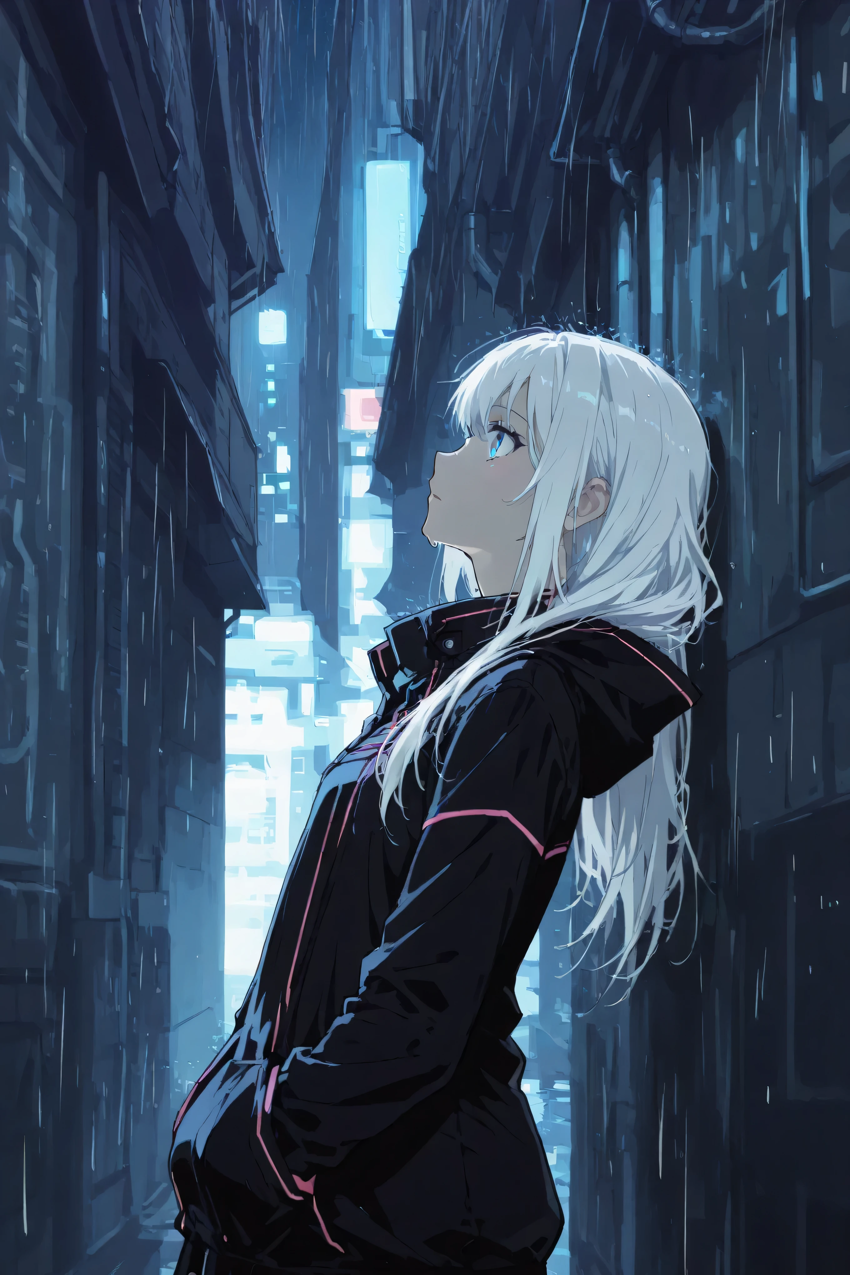 a teenage girl with long white hair and blue eyes, leaning a wall in alley between buildings. her silhouette outlined by distant neon glow, looking upside the dark night sky. she wears street fashion. destopian atmosphere, rainy, side view, profile