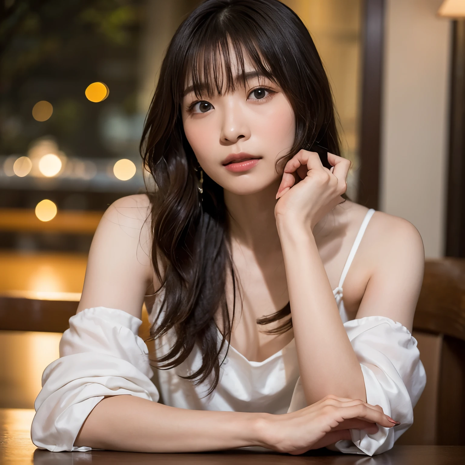 A cinematic portrait photograph of a serene 20-year-old Thai girl with long, flowing white hair cascading down her shoulders. She stands gracefully, wearing a delicate silk dress, and offers a soft smile, her deep black eyes reflecting a quiet confidence and inner peace. The background is a softly blurred, upscale restaurant with warm, ambient lighting and subtle reflections of crystal glassware and silverware.with goodlooking guy A single orchid rests elegantly on the table beside her, complementing her natural beauty and creating a sophisticated, tranquil atmosphere.Below, a sprawling cyberpunk cityscape blurs with neon red and orange lights reflecting off rain-slicked streets, Urban nightA Japanese woman of poetic, realistic beauty is depicted in a black camisole, surrounded by petals that glow like tiny lanterns. Her skin is a pale reddish hue of spring, dotted with fresh highlights like morning mist. The background transitions into a soft watercolor gradient of peach and ivory, evoking a modern Japanese fairy tale. The exquisite lighting, cinematic tone, and meticulous detailing are all combined.