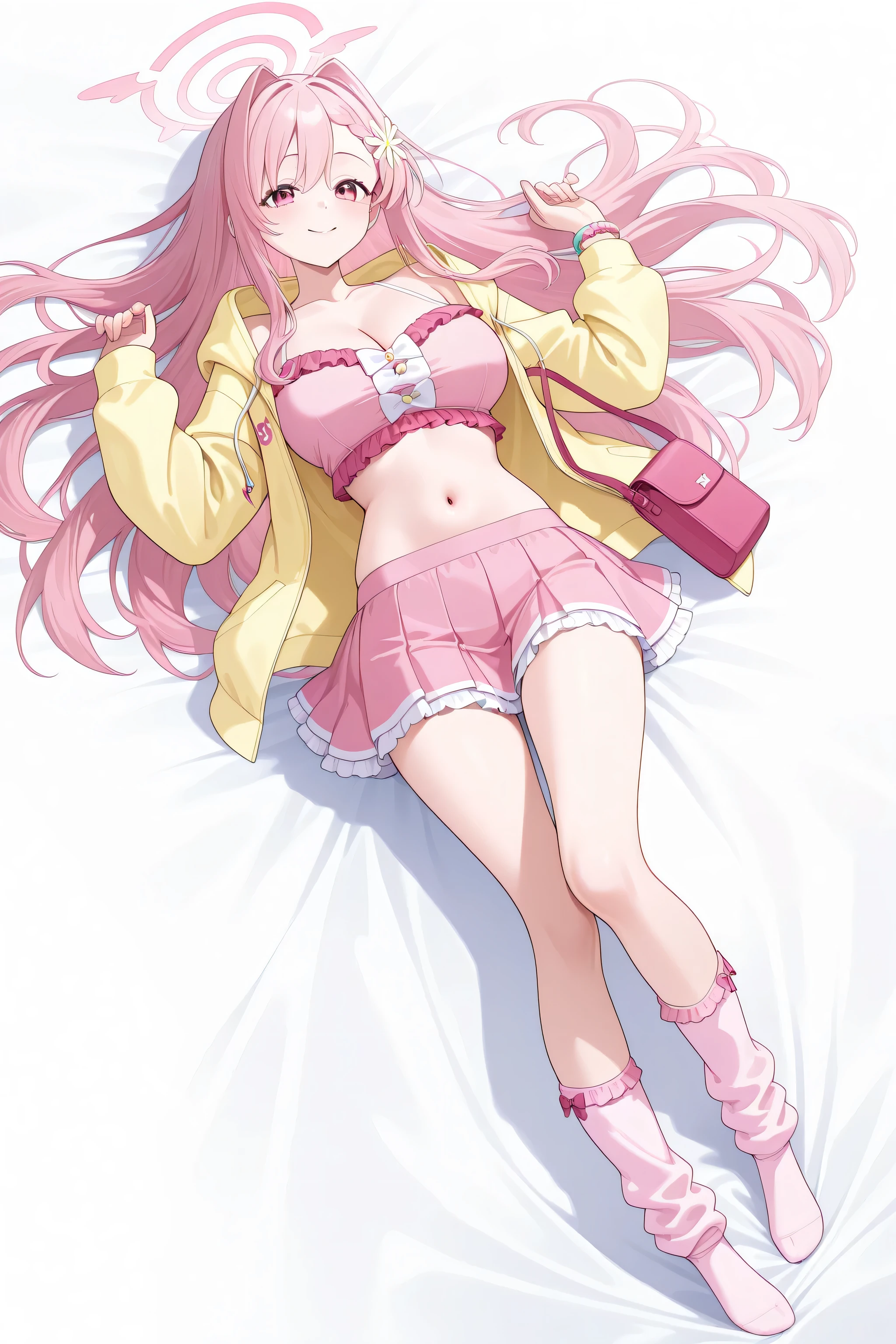 definition、1girl、1 girl、Ichinose Asuna(Blue Archive)、mkhekaren、pink eyes、long hair、pink hair, hair intakes、braid、hair flower、Adult,A perfect adult,girl clothes、Harajuku fashion、dream cute style、Sweet and playful、Pastel pink belly button top with cute logo and print、Light yellow front hoodie layered on top、Skirt with pink and white ruffles on the hem、pastel pink ruffle socks、body transformed from there with entangled ivy and white roses、Pastel Bracelets、pink satchel、full body