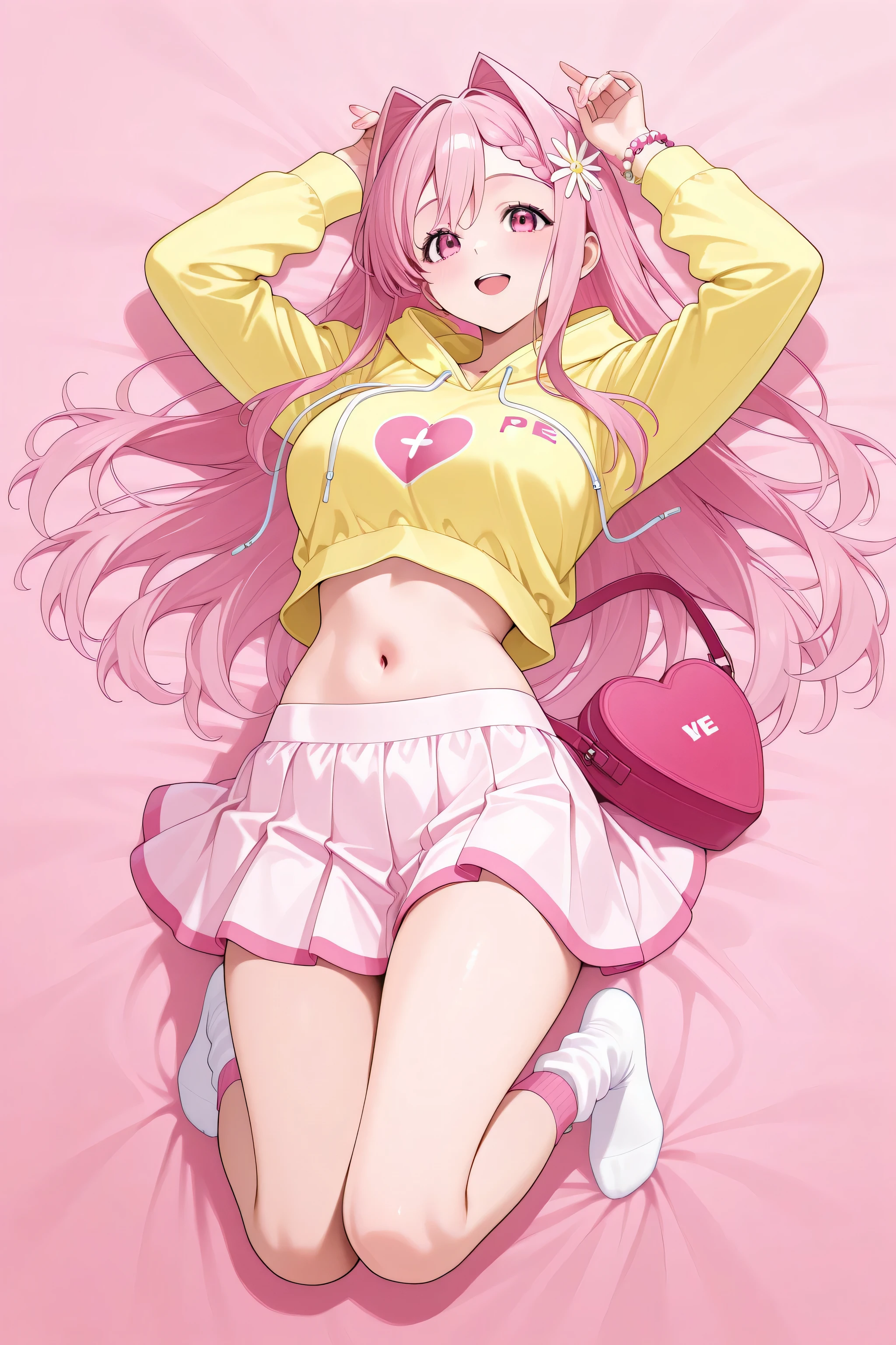 definition、1girl、1 girl、Himemiya Karen、mkhekaren、pink eyes、long hair、pink hair, hair intakes、braid、hair flower、Adult,A perfect adult,girl clothes、Harajuku fashion、dream cute style、Sweet and playful、Pastel pink belly button top with cute logo and print、Light yellow front hoodie layered on top、Skirt with pink and white ruffles on the hem、pastel pink ruffle socks、body transformed from there with entangled ivy and white roses、Pastel Bracelets、pink satchel、full body