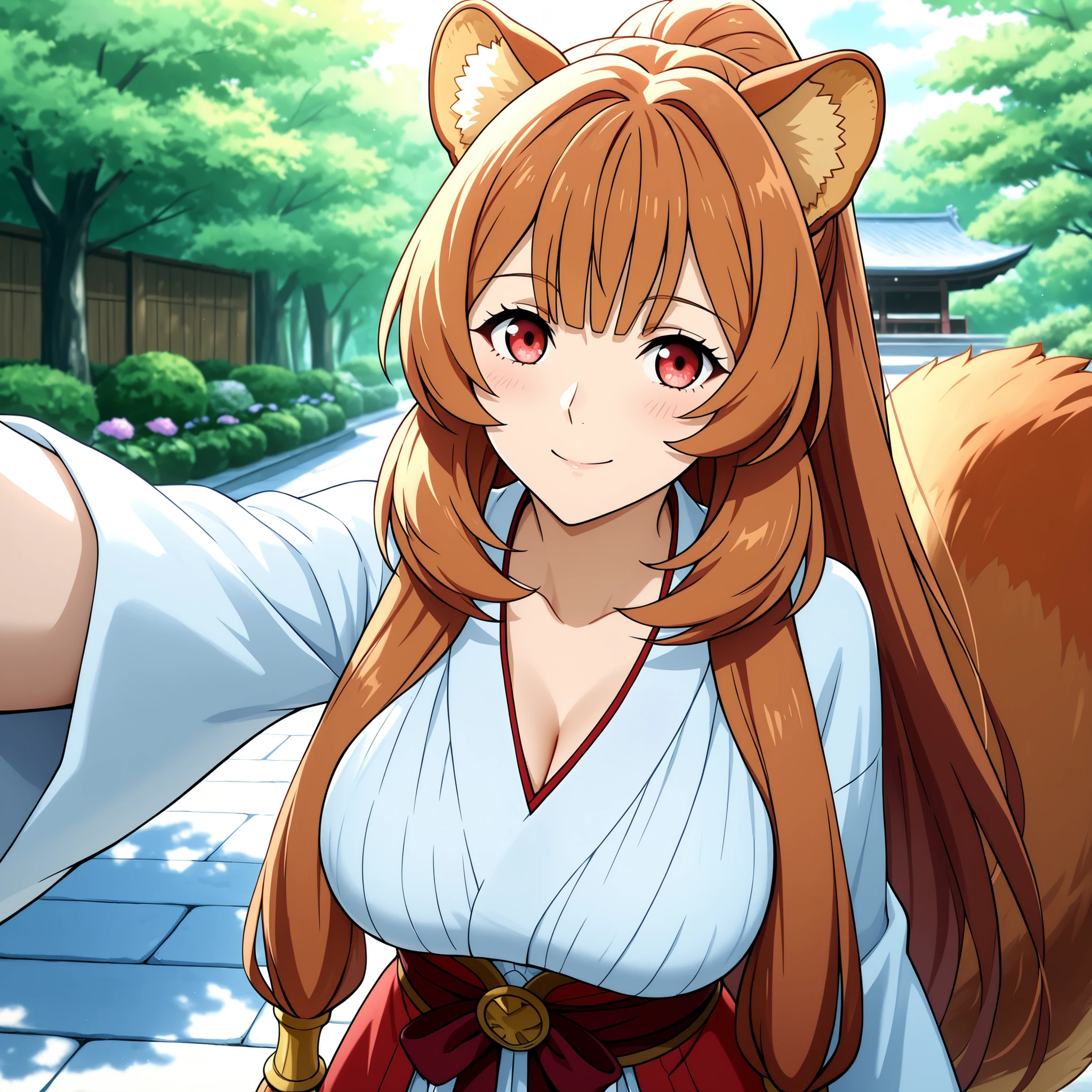 Raphalia , Tate no Yuusha no Nariagari, raccoon ears. round red eyes orange hair with rounded animal ears and fluffy tail, fair skin slender figure and big breasts. She wears Miko outfit Raje de Saserdotisa.  WHITE AND RED. Background a Japanese garden , Highly detailed anime art, vibrant lighting, and smooth , glossy skin. smile . selfie.