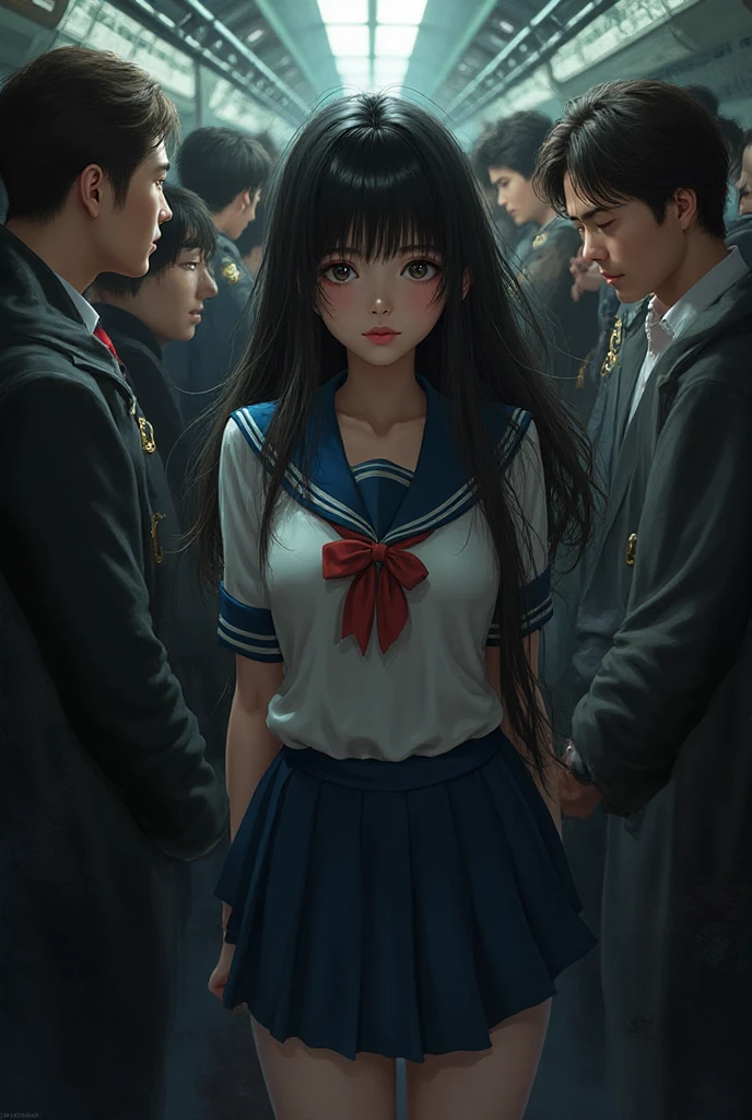 Extremely beautiful japanese 16 year old girl wearing a school unifrom surrounded by men in train.Big round frim boobs,thin waist,beautiful hair