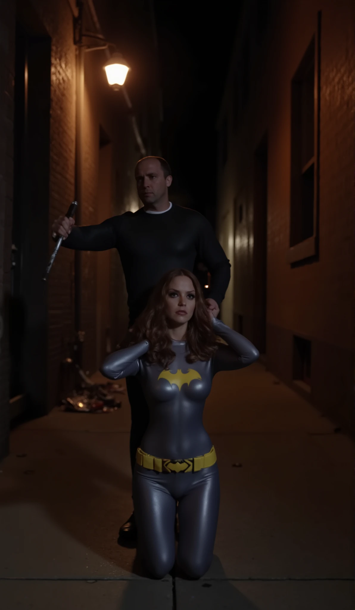 Nighttime. dark , full body shot of Christina Ricci with dark red hair viewed from directly above, dressed as batgirl wearing a full length gray rubber with a yellow batgirl symbol on the , she kneels in an alley, looking back at her attacker. (((She has a look of pain on her face. ))) She has a perfect detailed face in sharp focus, perfect , two arms, two legs, perfect hands. Her head tilts backward uncomfortably. most of the light coming from a single amber colored street lamp above her, the alley is illuminated by another lamp in the distant background, BREAK, (((As she kneels, a man holding a billy club stands directly behind her, looming over her, threatening her, watching her))), (((he has one hand on her head. ))) A image showing batgirl's submission. The alley is and filled with trash, the walls covered with graffiti, trash cans are spilled and the ground is wet and stained as light drizzle falls, both people are wet.