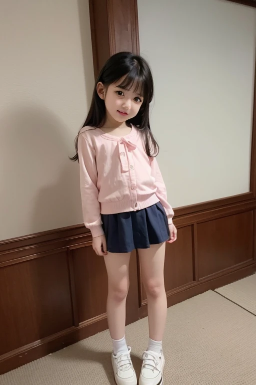 Cute and lovely elementary school first grade girl pretty face full body sitting full picture little child