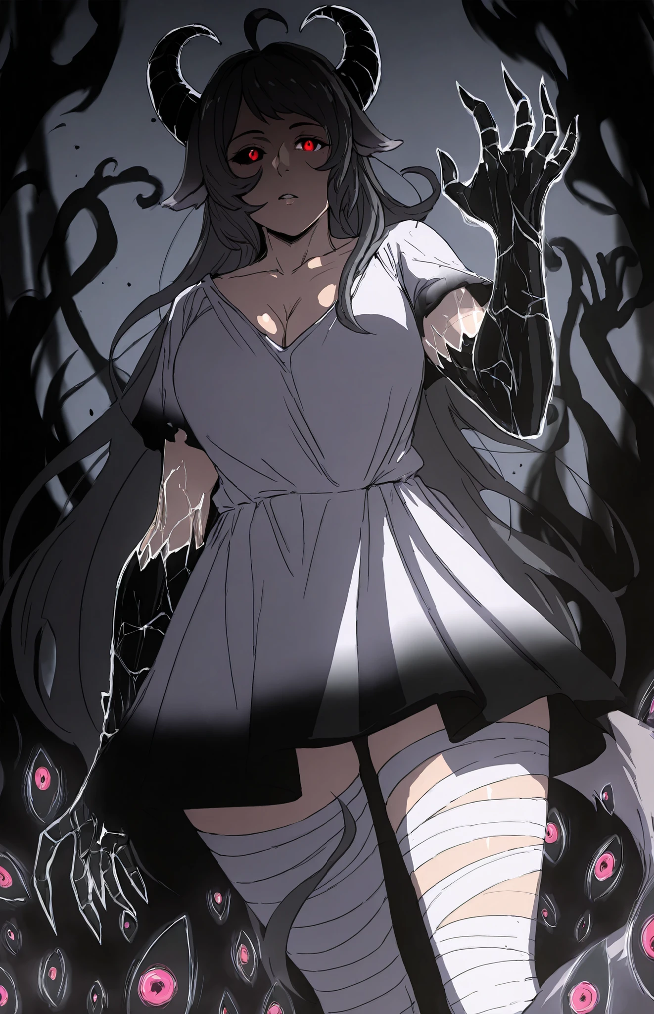 L_Cation2, Babu-style, Hgk, (kunaboto-style:1.2), (toi8-style:1.4), (saintshiro-style:1.3), (anegawa_eiji-style:1.2), (anime coloring, anime screencap), shiny skin, Hand drawn, cinematic, Sharp focus, humorous illustration, big depth of field, Masterpiece, concept art, trending on artstation, Vivid colors, Simplified style, trending on ArtStation, trending on CGSociety, Intricate, Vibrant colors, Soft Shading, Simplistic Features, Sharp Angles, Playful, (voluptuous body:1.4), (mature female:1.4), (cellulite:1.3), ((anatomical correct)), perfect body, perfect eyes, perfect fingers, gasping, heavy breathing, gasping profusely, ((skindentation)), ((curvy, thigh gap)), long hair, grey hair, red eyes, dog ears, dog tail, bright pupils, (aura), (black aura:1.2), 1girl, breasts, horns, glowing, dress, white_dress, solo, cleavage, bandages, bandaged_leg, glowing_eyes, looking_at_viewer, ahoge, parted_lips, glowing_eye, monster_girl, colored_sclera, black_sclera, black hands, shadow, shadow hands,