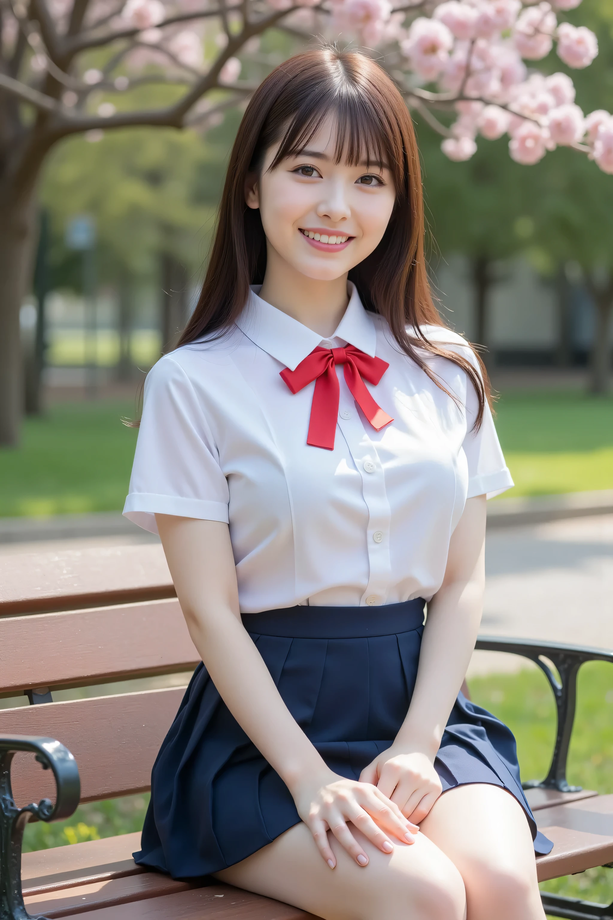 (highest quality、table top、8K、best image quality、Award-winning work)、one high school girl、16 years old、(alone:1.1)、perfect beautiful composition、(Huge breasts that are about to burst:1.2)、(emphasize body line:1.2)、slender body、(perfect and accurate white polyester shirt:1.1)、(navy pleated skirt:1.1)、(Red uniform ribbon on the chest:1.1)、(sitting on a park bench:1.1)、(bold thick legs:1.2)、(One of the most natural and perfect benches:1.2)、(The most accurate bench made to perfection:1.1)、(the biggest smile looking at me:1.1)、(Smile showing your perfect beautiful teeth:1.1)、(Beautiful park background with strong blur:1.1)、The most natural and perfect beauty park、Perfectly maintained regular park、stand gracefully、natural makeup、(beautiful and thick legs:1.2)、Ultra high definition beauty face、ultra high definition hair、Super high-definition sparkling eyes、(Super high resolution glossy skin:1.1)、Super high resolution glossy lips、(accurate anatomy:1.1)、(very bright and vivid:1.1)、(detailed and perfect hands:1.2)、cherry tree in the distance