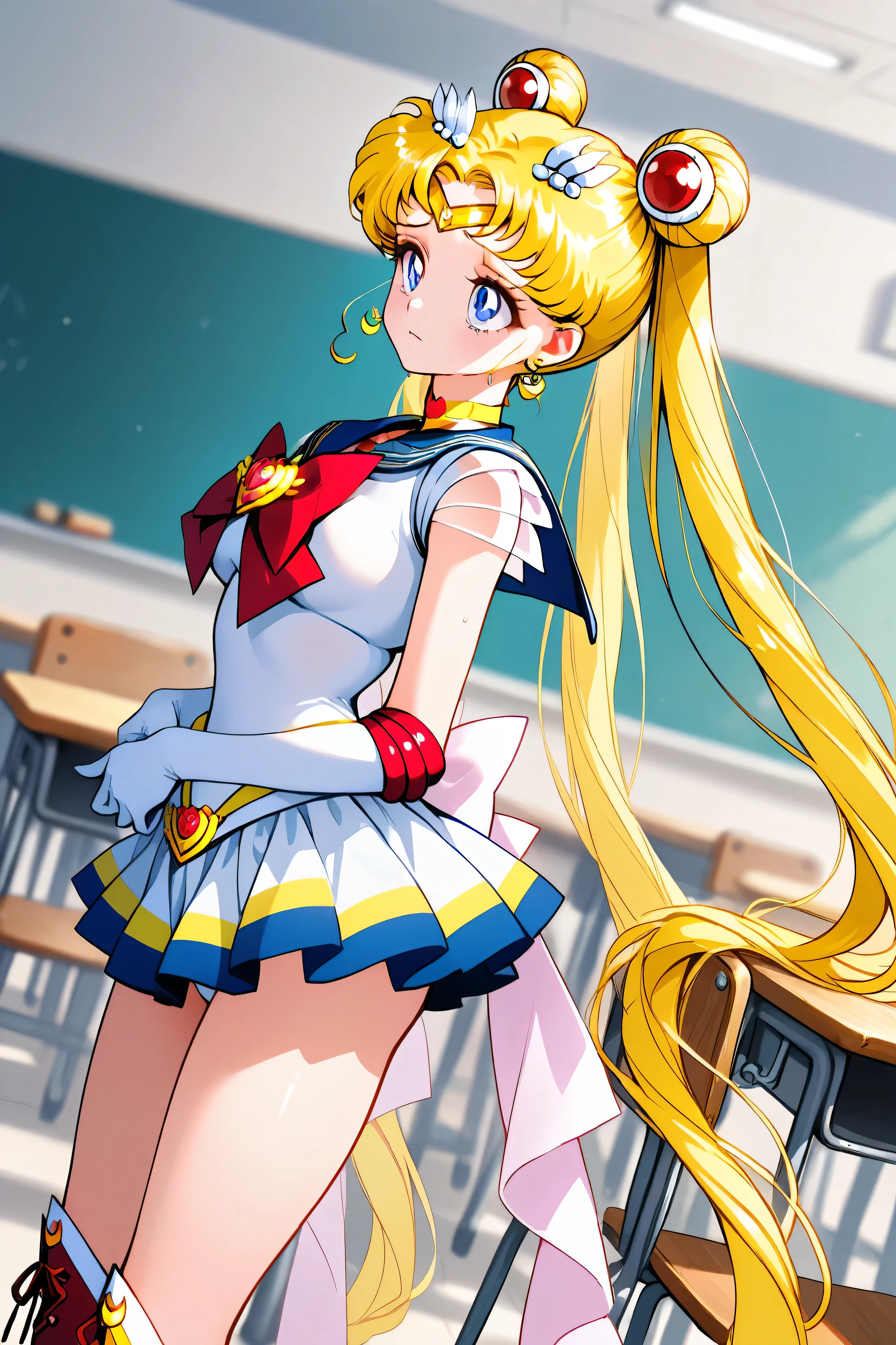 Super Sailor Moon,1 Femme,Seul,
Devant,Chercher,du côté,
Double coup,cheveux blonds,twin tail,cercle,
blonde,queue de cheval,cheveux très longs,
ruban rouge pour les cheveux,franges avec raie,
cheveux intérieurs colorés,
yeux bleus,beaux yeux,grands yeux,
yeux bridés,Longs cils,Sleeping eyes,
Uniforme de guerrier marin(1.3),
blanc de poulet,ruban rouge,
minijupe bleu marine,jupe plissée,
culotte blanche,
gants blancs pour les coudes,
bijoux,boucles d'oreilles,collier,
bottines à lacets rouges,bottes cuissardes,
chaussures à talons hauts,
belles jambes,cuisses très fines,Mollets fins,
seins moyens,taille fine,
perfect face,belle peau,
triste,douloureux,en sueur,incontinence,
Je peux voir des culottes,plan américain,angle néerlandais,
Anatomiquement correct,
chef-d'œuvre,meilleure qualité,super détaillé,
arrière-plan flou,
intérieur,école,salle de classe,bureau,chaise,tableau noir