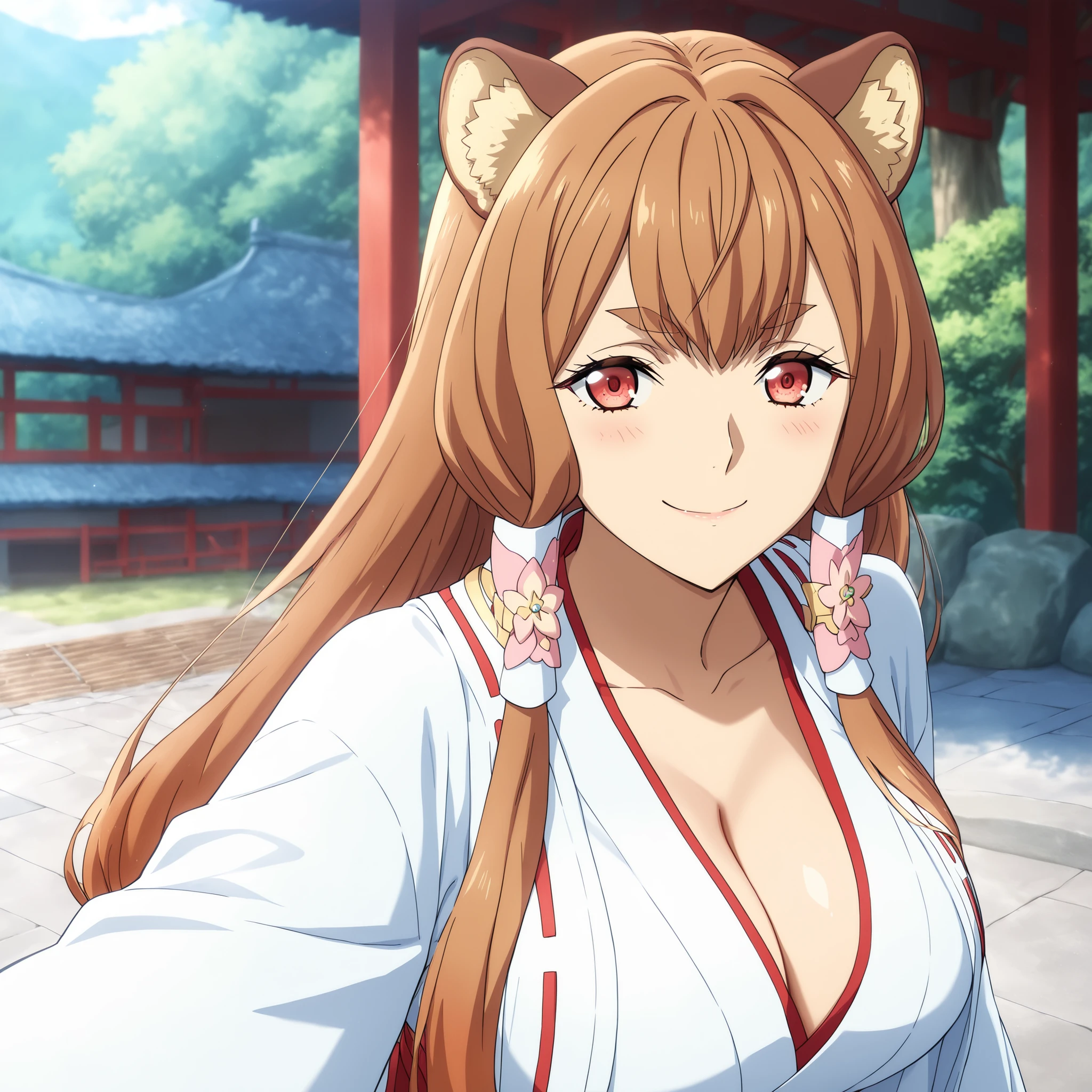 Natalia, Tate no Yuusha no Nariagari, raccoon ears. round red eyes orange hair with rounded animal ears and fluffy tail, fair skin slender figure and big breasts. She wears Miko outfit priestess outfit.  WHITE AND RED. Background a Japanese garden , Highly detailed anime art, vibrant lighting, and smooth , glossy skin. smug smile . selfie. pronounced neckline