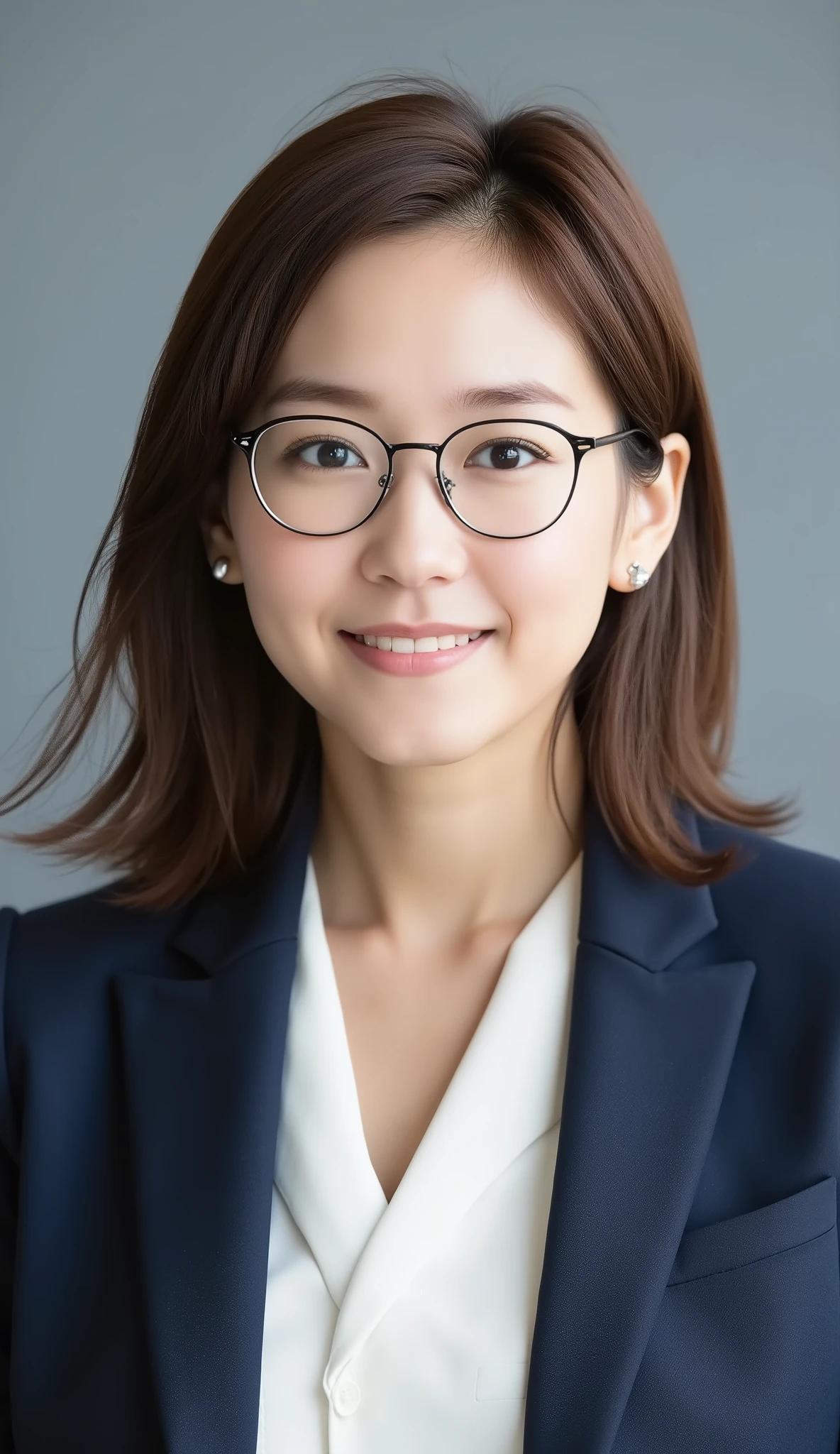 Passport photo of a neat young woman、camera list、thin metal frames、office lady suit、jacket、shirt、ear piercings、No expression、has closed its mouth、face close-up、grey background