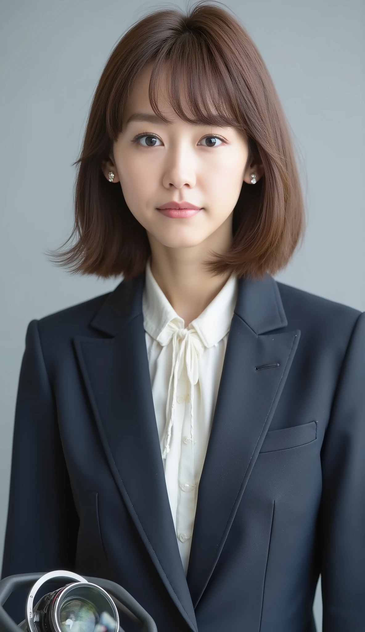 Passport photo of a neat young woman、camera list、thin metal frames、office lady suit、jacket、shirt、ear piercings、前髪あり、No expression、has closed its mouth、への字口、face close-up、grey background
