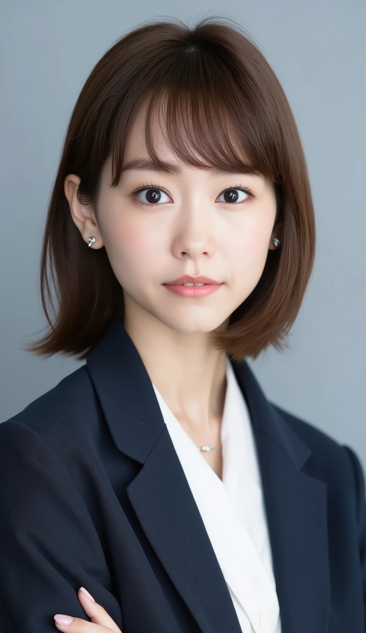Passport photo of a neat young woman、camera list、thin metal frames、office lady suit、jacket、shirt、ear piercings、前髪あり、No expression、has closed its mouth、への字口、face close-up、grey background