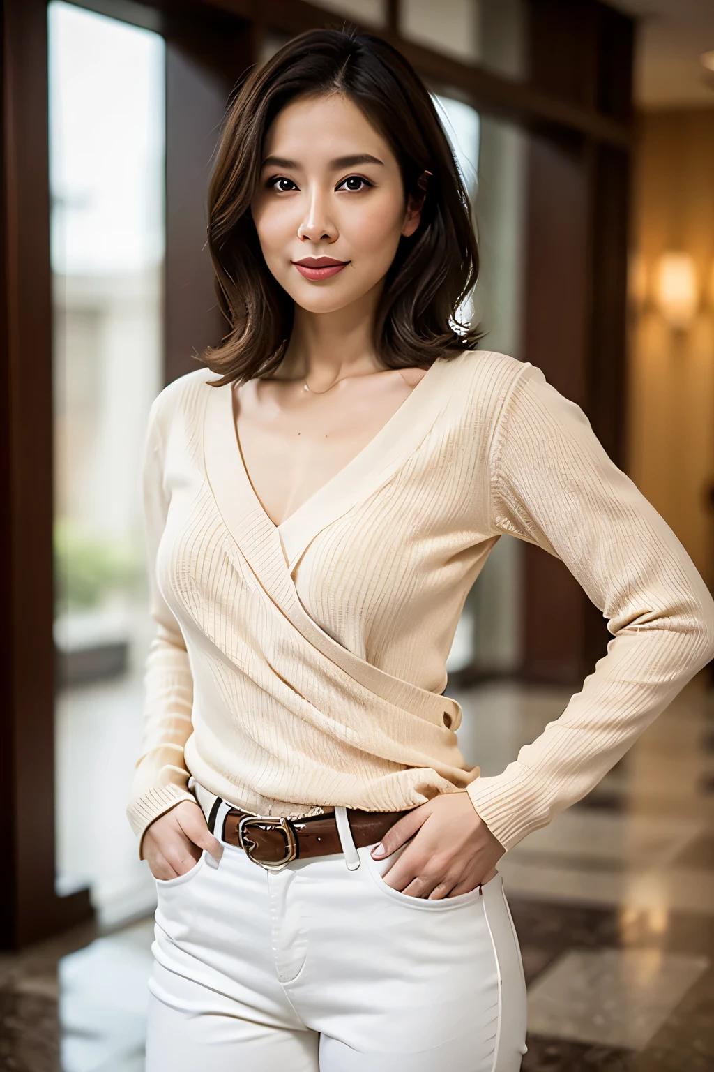 8K, high quality, Realistic Photographic Images, 40 years old, Japanese women, Pure girl, Large , Narrow waist, (( and cute wife)), Natural and realistic eyes, Beautiful black hair, light makeup,, Golden ratio composition, Disheveled casual clothes, beige, Western-style living room,, Characteristics of a Pure Japanese Person, Full body photo, smile